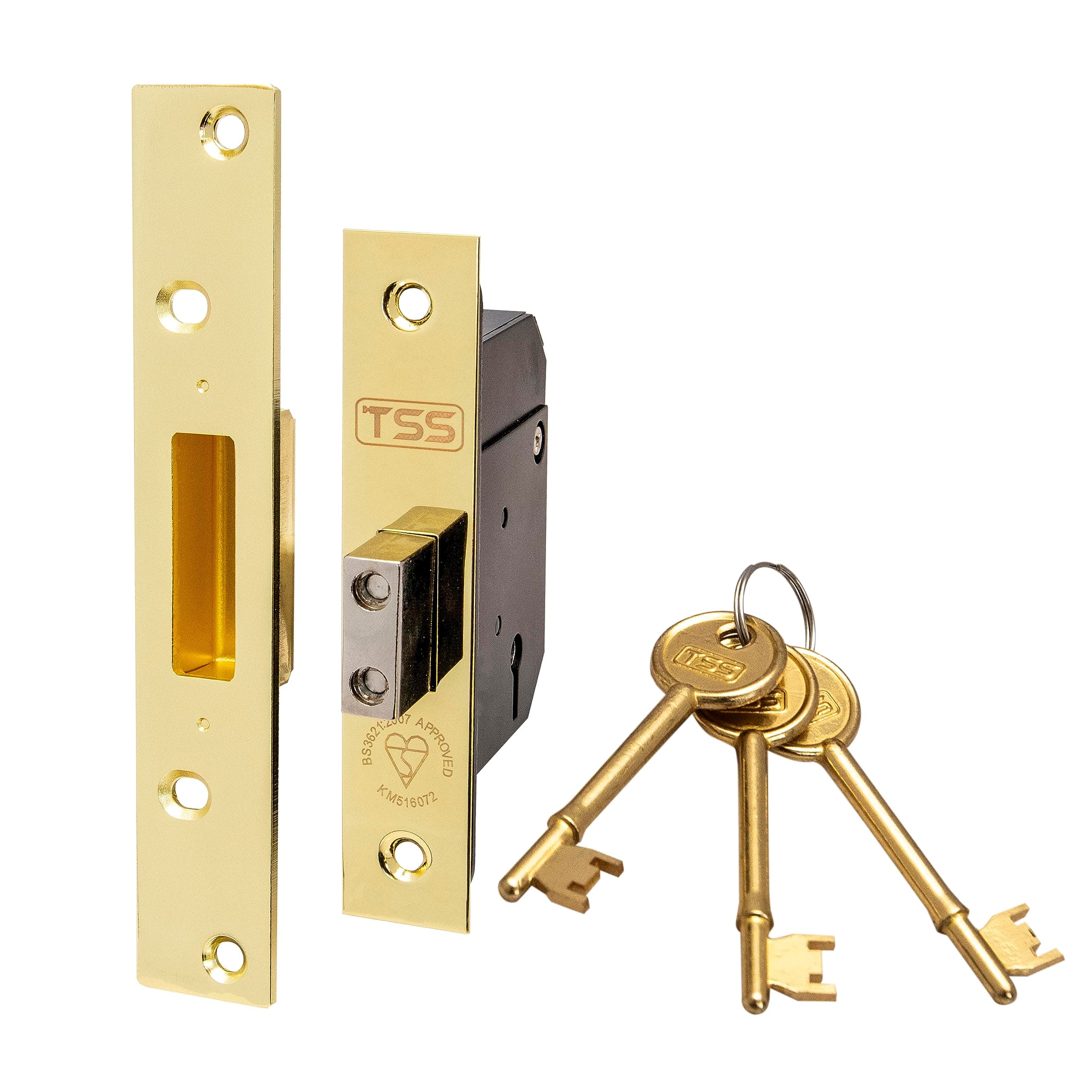 High Security 5 Lever British Standard Mortice Deadlock with 3 Keys and Fixings, 2.5" (68mm) Polished Brass, Insurance Approved for External Doors, British Standard BS3621:2007