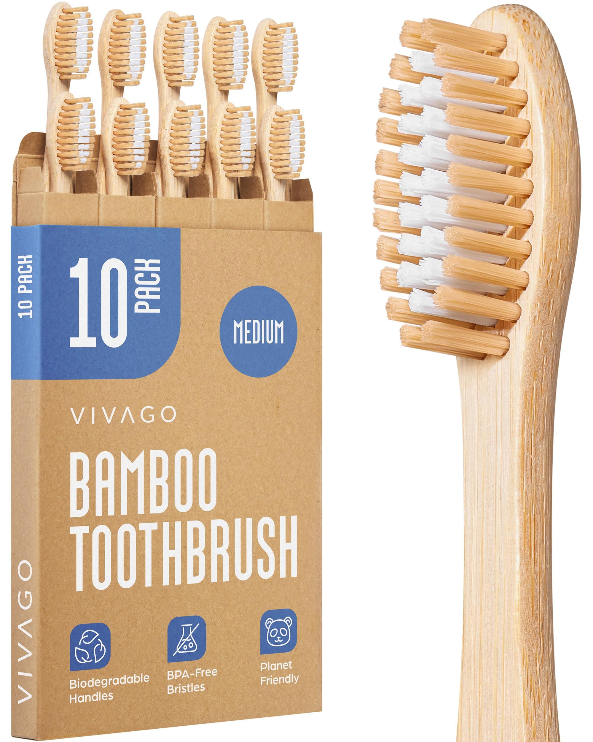 VIVAGO Bamboo Toothbrushes Medium Bristles 10 Pack - BPA Free Medium Bristles Toothbrushes for Adults - Eco-Friendly, Natural Wooden Toothbrush