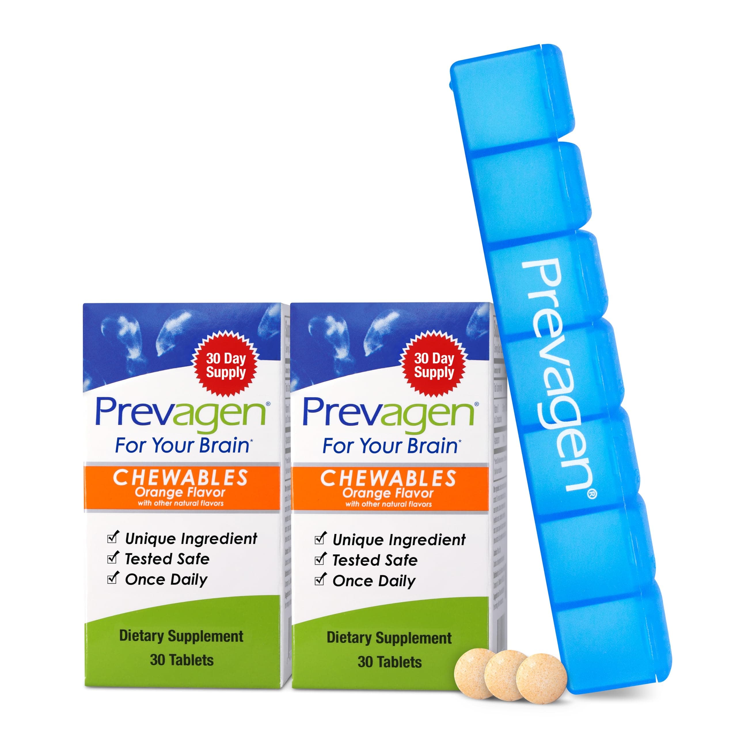 Improves Memory - Regular Strength 10mg, 30 Chewables |Orange - 2 Pack| with Apoaequorin & Vitamin D & Prevagen 7-Day Pill Minder | Brain Supplement for Better Brain Health