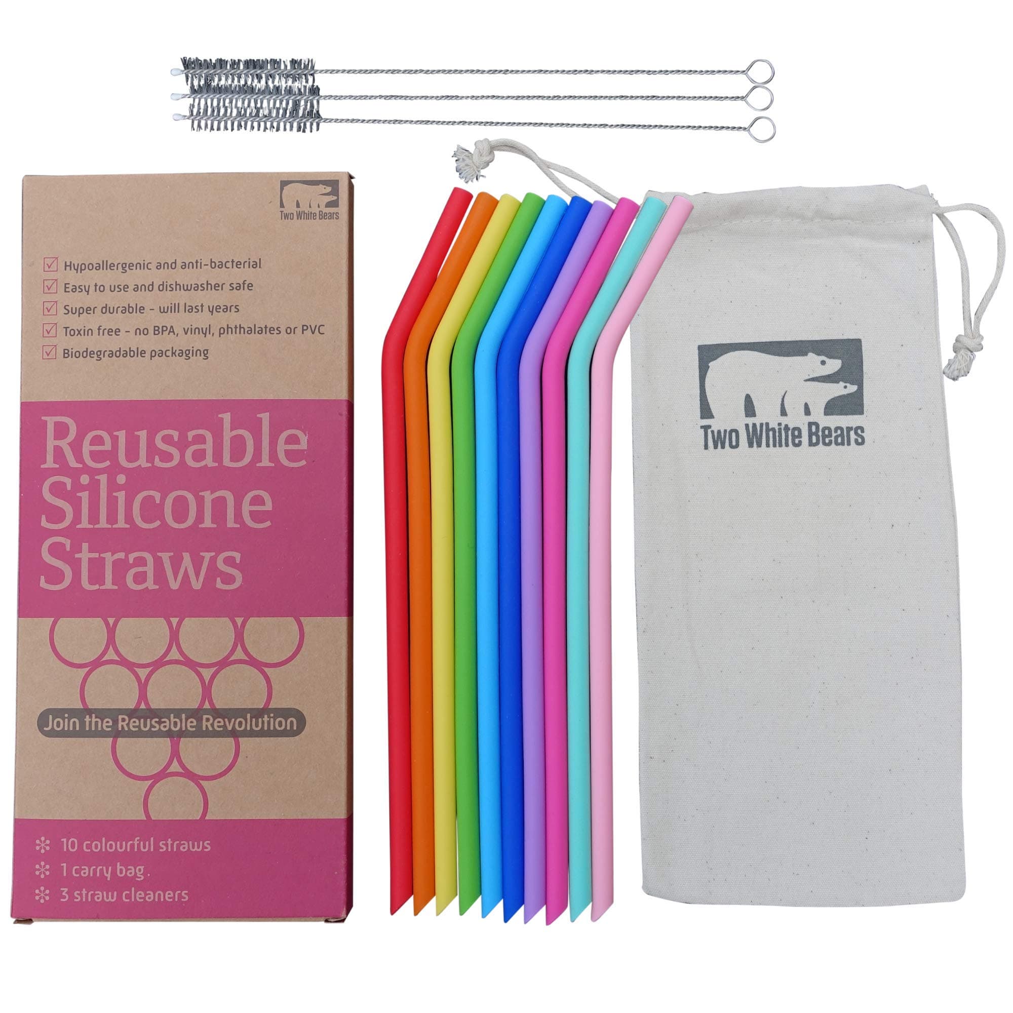 Reusable Drinking Straws 10 Pack. Food Grade Silicone. One Tree Planted Per Purchase. Eco Friendly Alternative to Plastic & Metal Straw. Cotton Bag + 3 Cleaning Brushes. by Two White Bears
