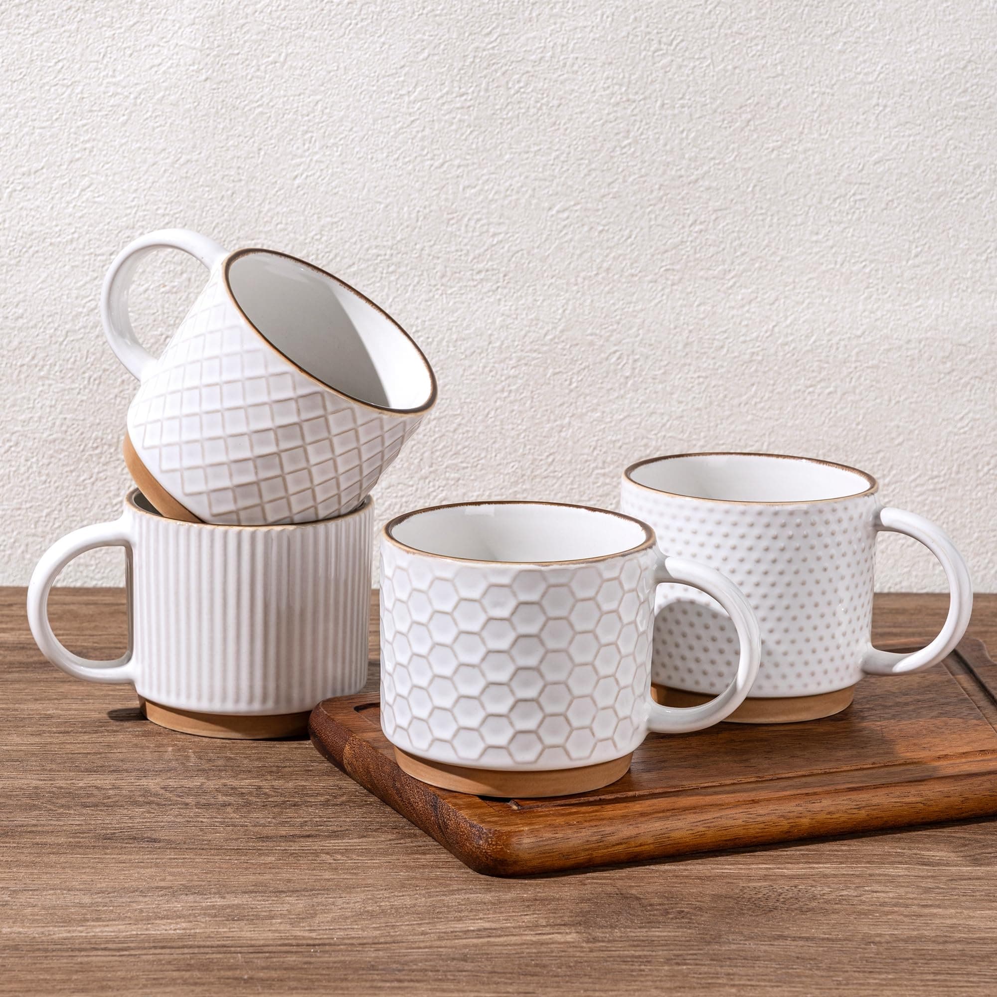 15OZ Stackable Coffee Mugs, Ceramic Coffee Mugs with Texture Patterns for Man,Woman,Dad,Mom, Modern Coffee Mugs Set of 4 for Latte/Cappuccino/Cocoa. Dishwasher&Microwave Safe, Off White | for Man, Woman, Dad, Mom