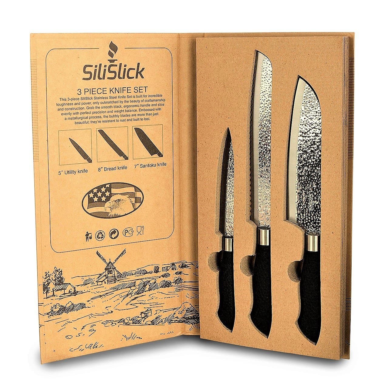 Kitchen Knife Set Embossed Blades 3 Pc. Built for Toughness and Power. Smooth Ergonomic Handle Helps Slice Evenly with Precision. by SiliSlick