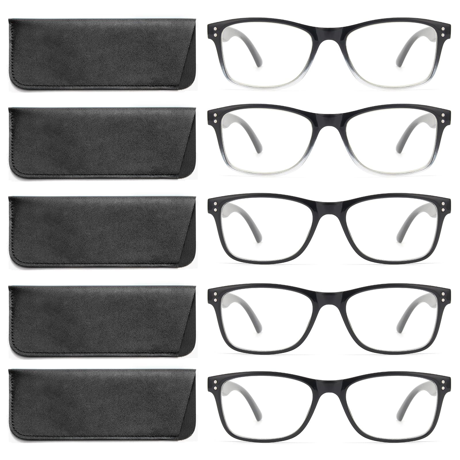 Reading Glasses Blue Light Blocking, Computer Glasses for Women Men, Fashion Square Eyeglasses 5 Pairs (Black, +1)