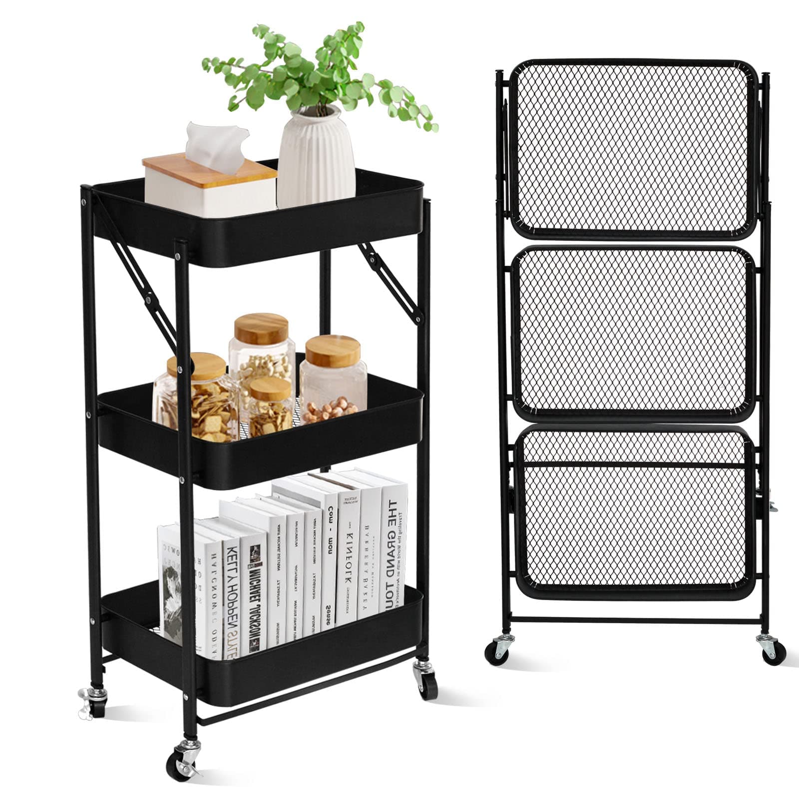 SKY-TOUCH 3 Tier trolley organizer,Foldable Metal Rolling Utility Cart Organizer, Multipurpose Organizer Trolley with Casters for Kitchen, Bedroom, Bathroom, Office, Laundry Room and Garage Black