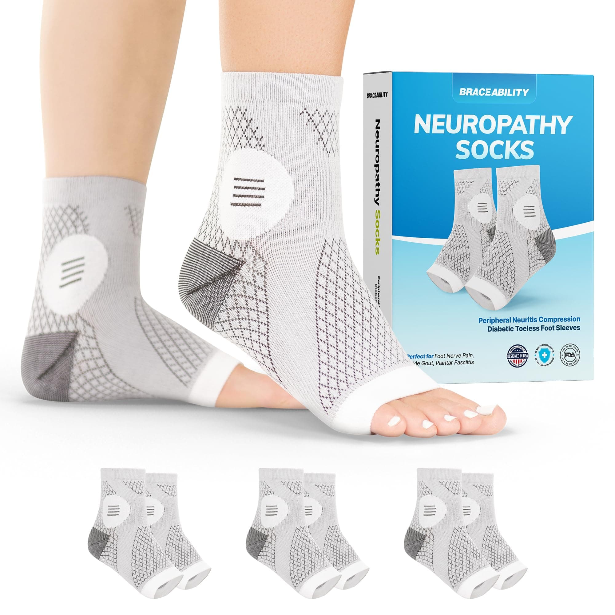 BraceAbility Neuropathy Socks (3 Pairs) - Multipack Peripheral Compression Diabetic Toeless Foot Sleeves for Nerve Damage in Feet, Ankle Gout, Plantar Fasciitis Relief for Men and Women (L - Gray)