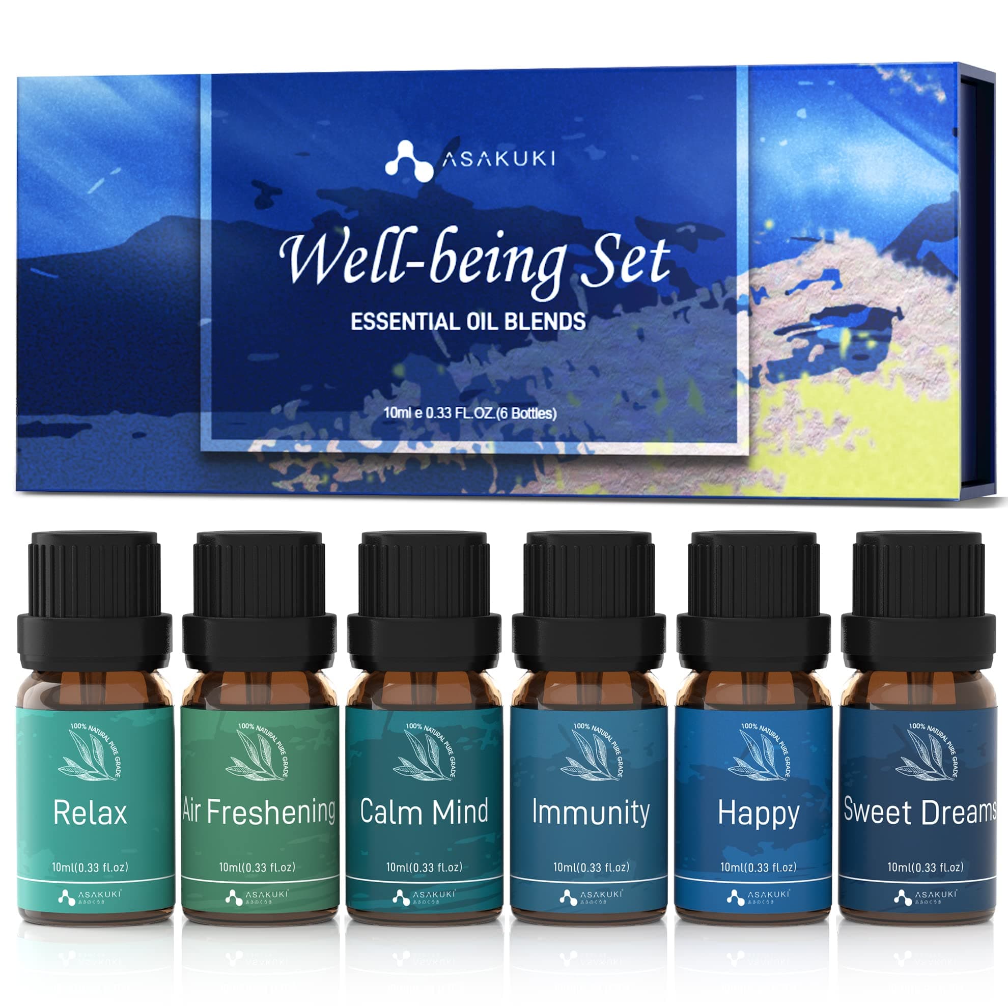 ASAKUKIEssential Oil, Essential Oils Blends Set for Diffusers for Home, Well-Being Gift Kit- Calming, Dreams, Breathe, Relaxing, Mood, Fresh Air Aromatherapy Oils for Humidifiers, 6x10 ml