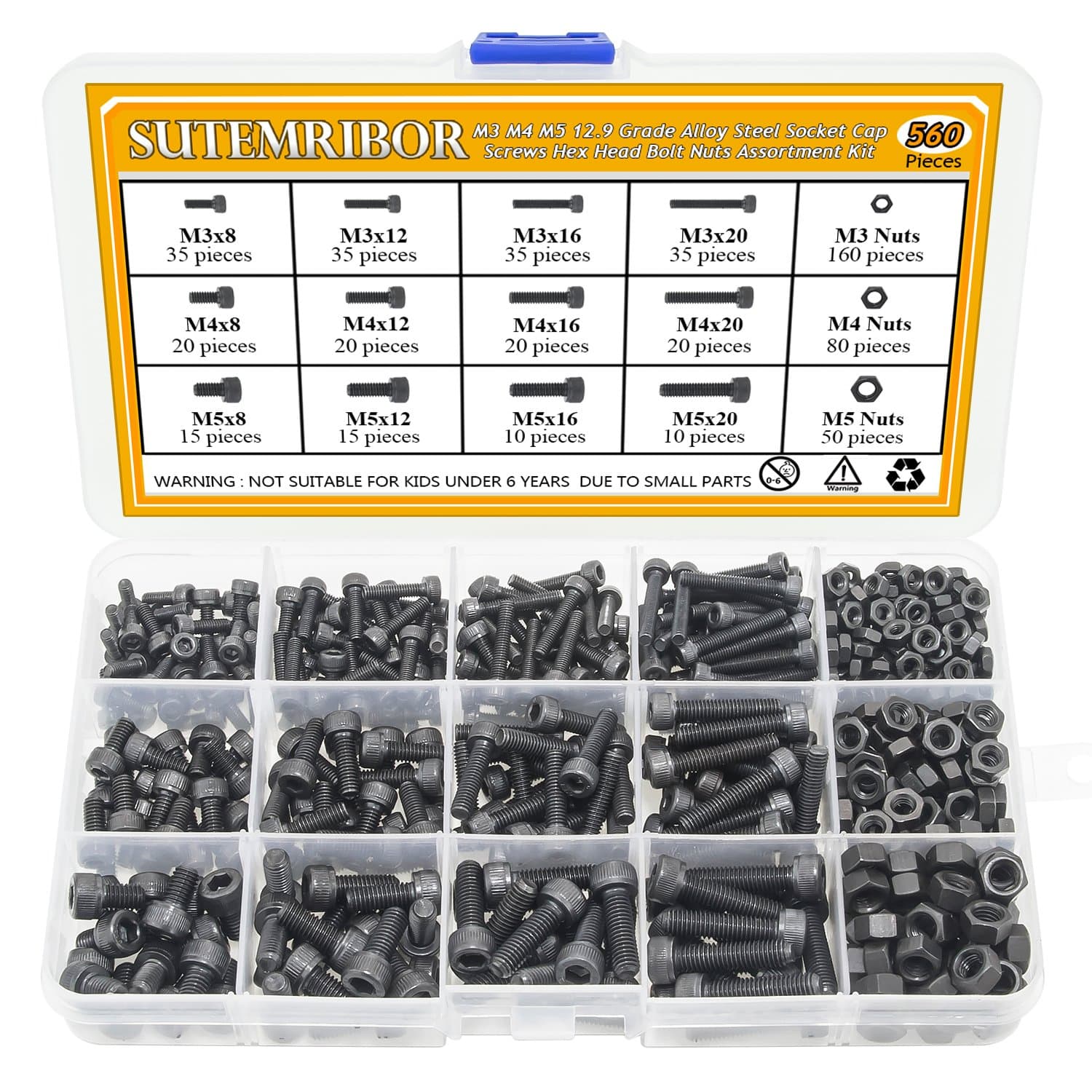 M3 M4 M5 Alloy Steel Socket Cap Screws Hex Head Bolt Nuts Assortment Kit (560 PCS)