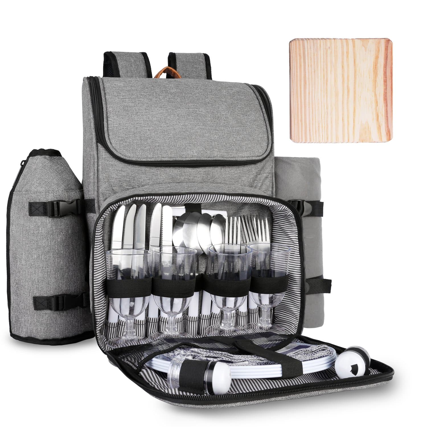 Ferlin Picnic Backpack for 4 with Cooler Compartment, Detachable Bottle/Wine Holder, Fleece Blanket, Plates and Cutlery Set (3066-Gray)