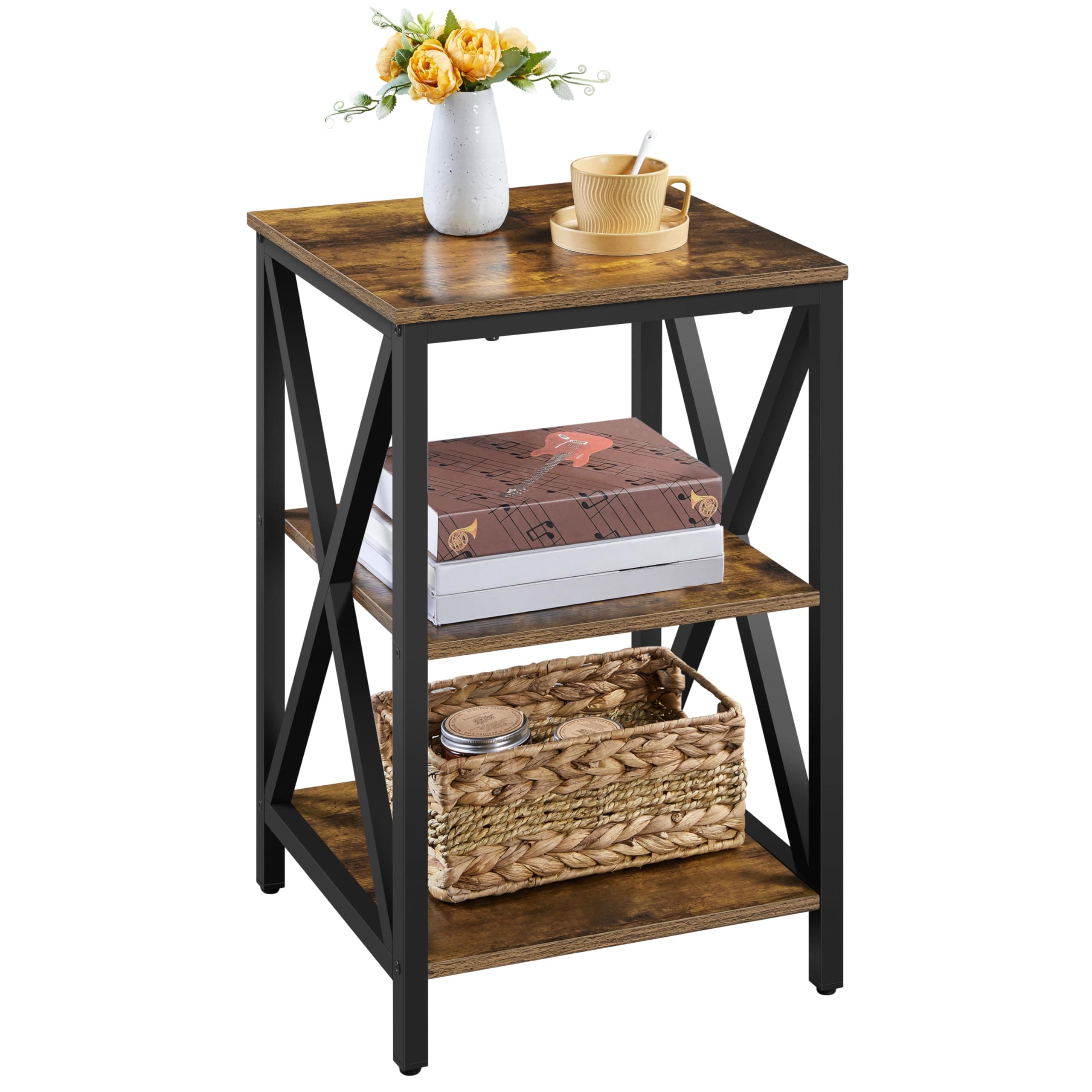 3-Tier Side Table, Wooden X-Design End Table with Storage Shelf and Sturdy Metal Frame, telephone table for Bedroom, Sitting Room, Living Room, 39.5x39.5x62cm, Rustic Brown