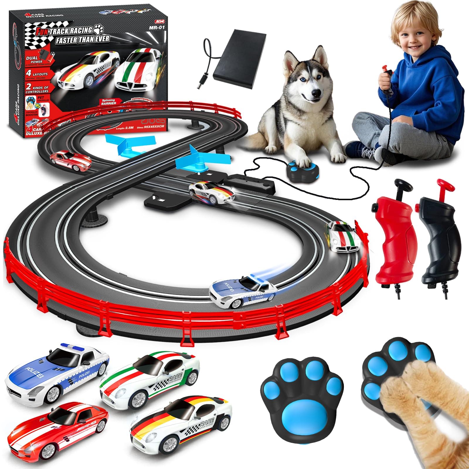 AGM MASTECH Slot Car Race Track Sets with 4 Exquisite Slot Cars, Battery or Electric Car Track, 2 Controllers, Lap Counter, Gift Toys for Boys and Girls Age 4 5 6 7 8-12