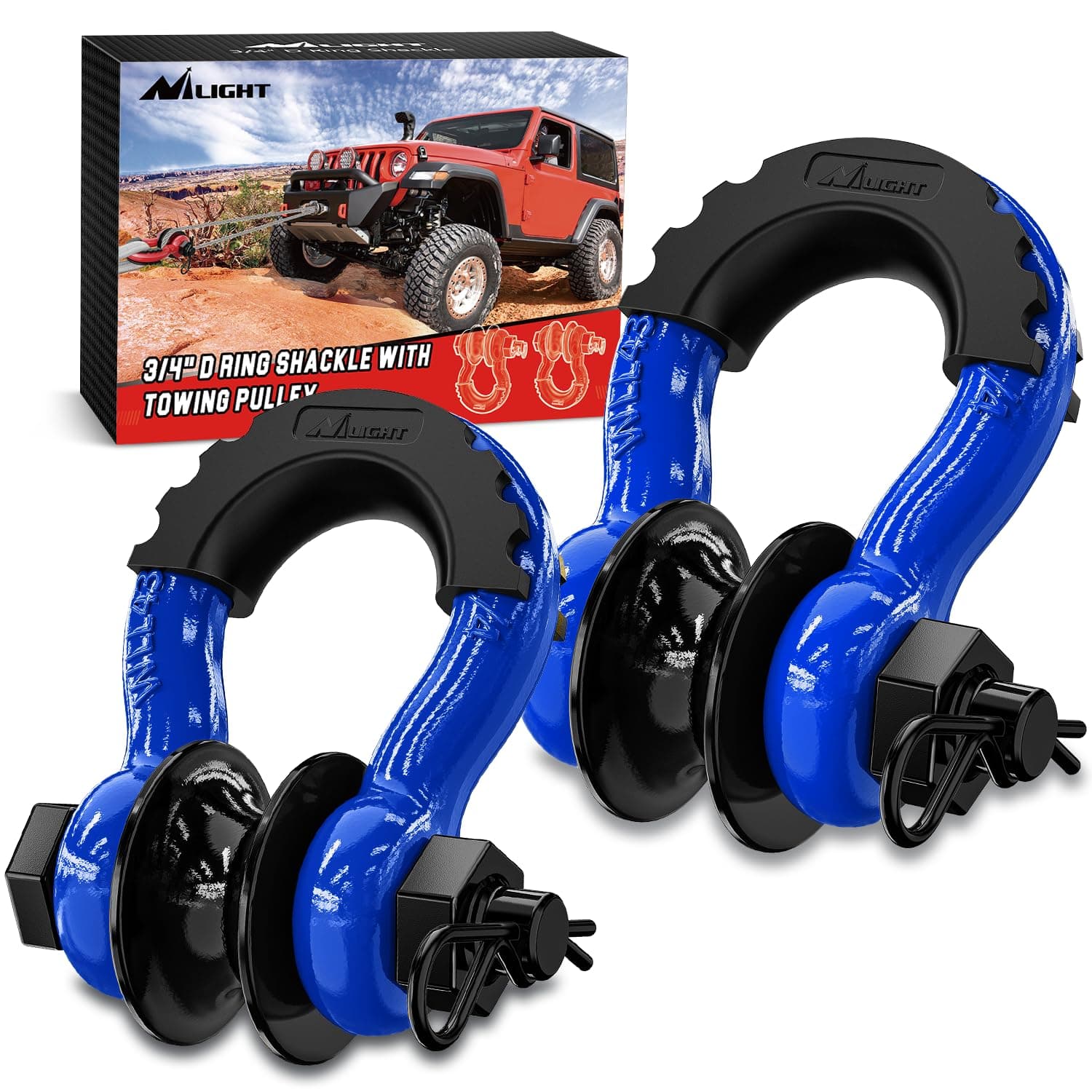3/4" D Ring Shackle with Towing Pulley 2 Pack 4.75 Ton (9500 Lbs) 7/8" Pin Heavy Duty Off Road Recovery Shackle with Isolators Washer Kit for Jeep Truck Tractor Vehicle ATV UTV, Blue