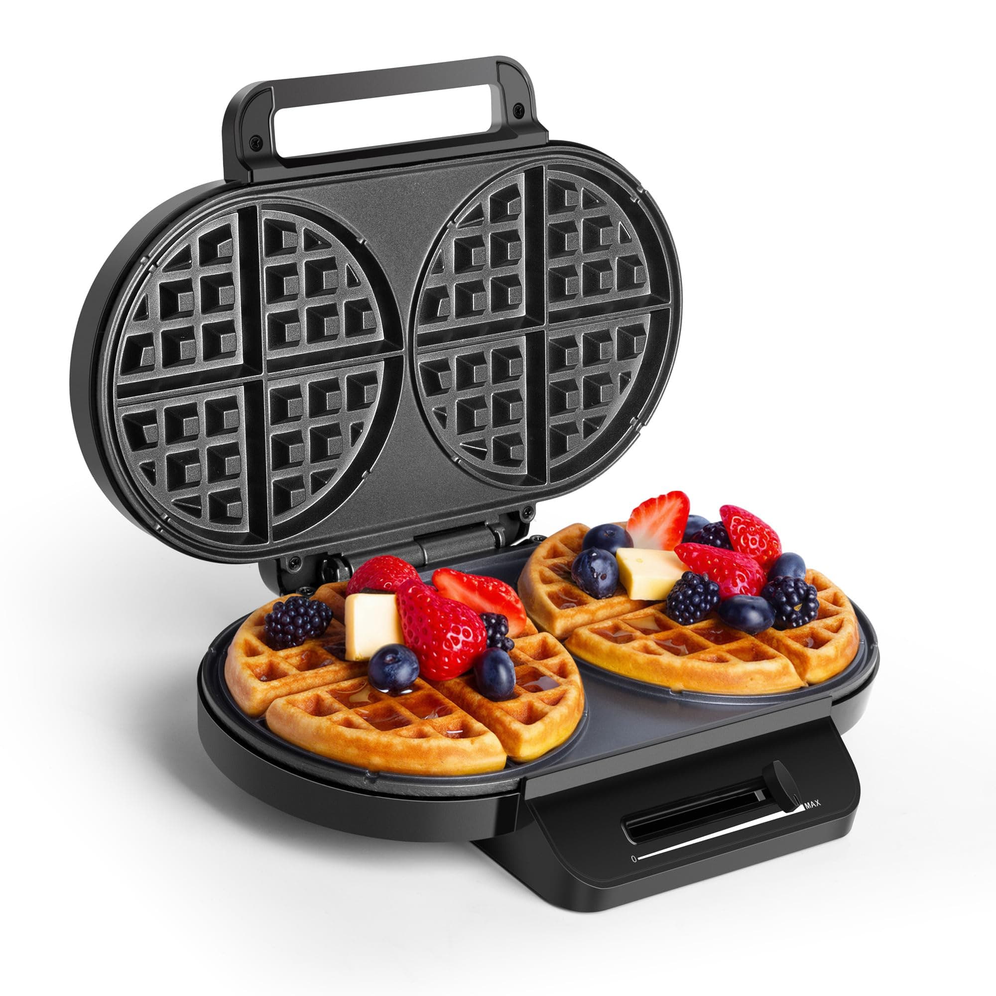 VonShef Double Waffle Maker – Round Belgian Waffle Machine with Non-Stick Plates, Auto Temperature Control, Cool Touch Handle, Chaffles Maker Serves Savoury Snacks & Desserts – 1200W, Silver