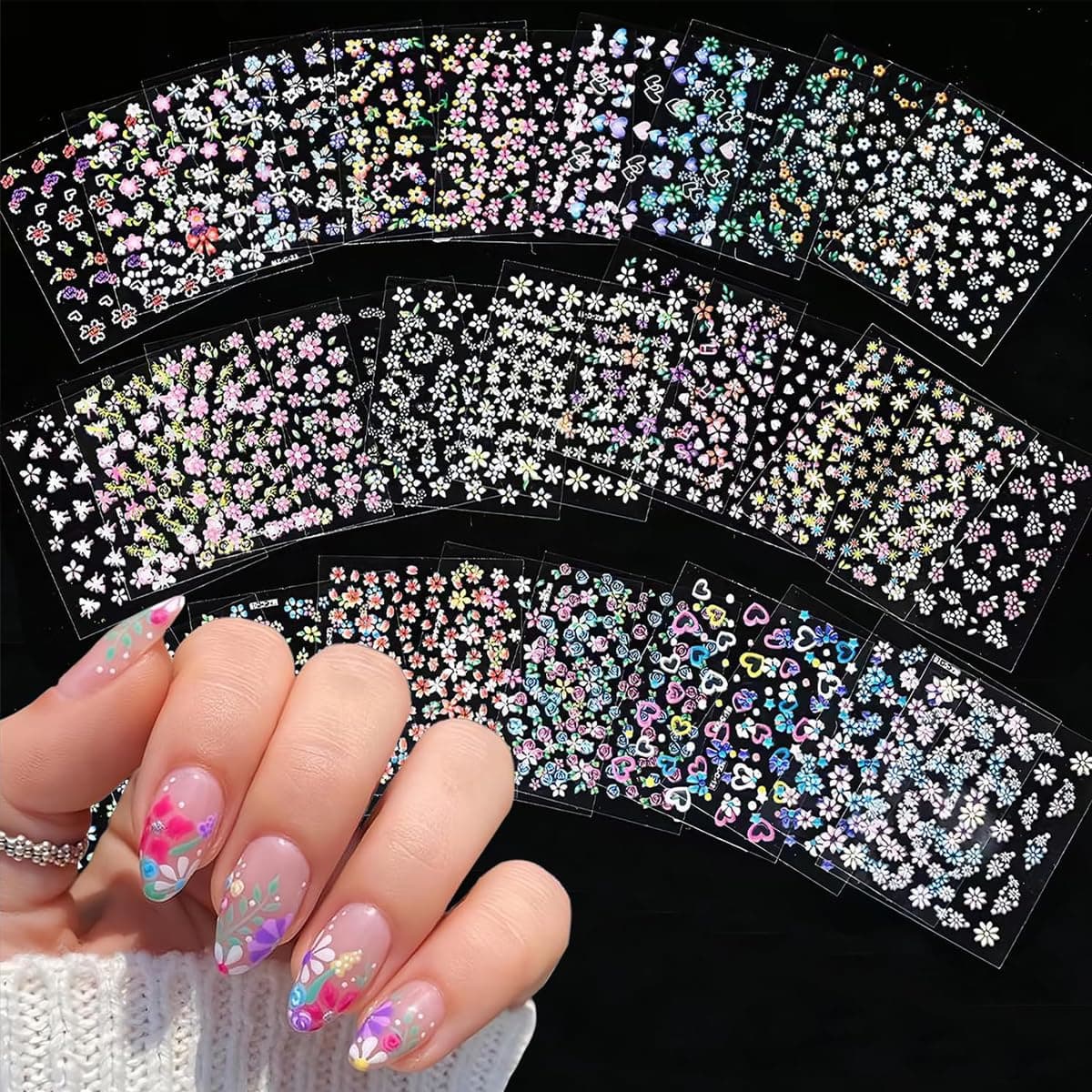 Mini Flower Nail Art Stickers 30 Sheet Colorful Daisy for Extension Self-Adhesive Embossing DIY Embellishments