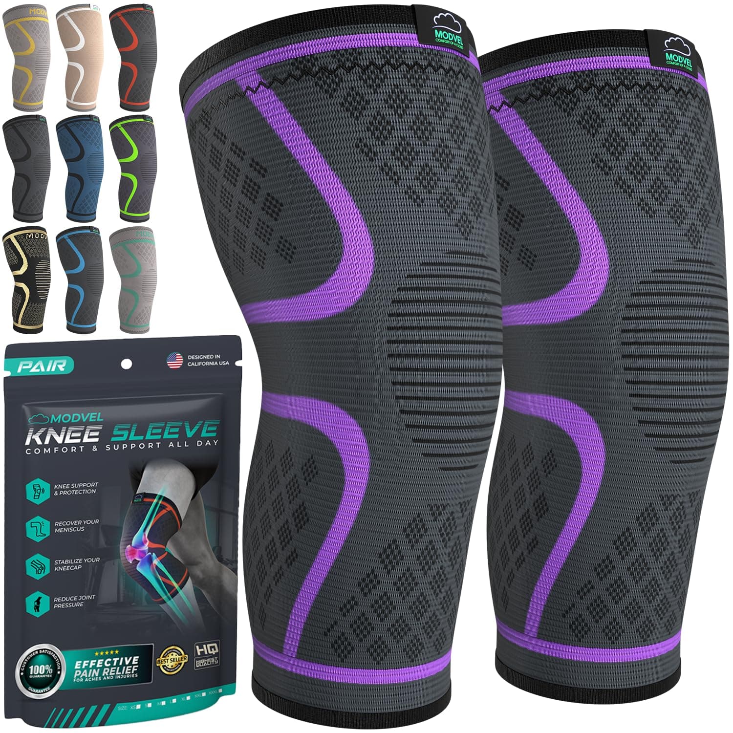 MODVEL Knee Support Set for Men and Women - Stable Support for Sports, Training, Fitness, Hiking, Everyday Use - Comfortable, Skin-friendly, Breathable Bandage Made of Soft Nylon Latex Fabric