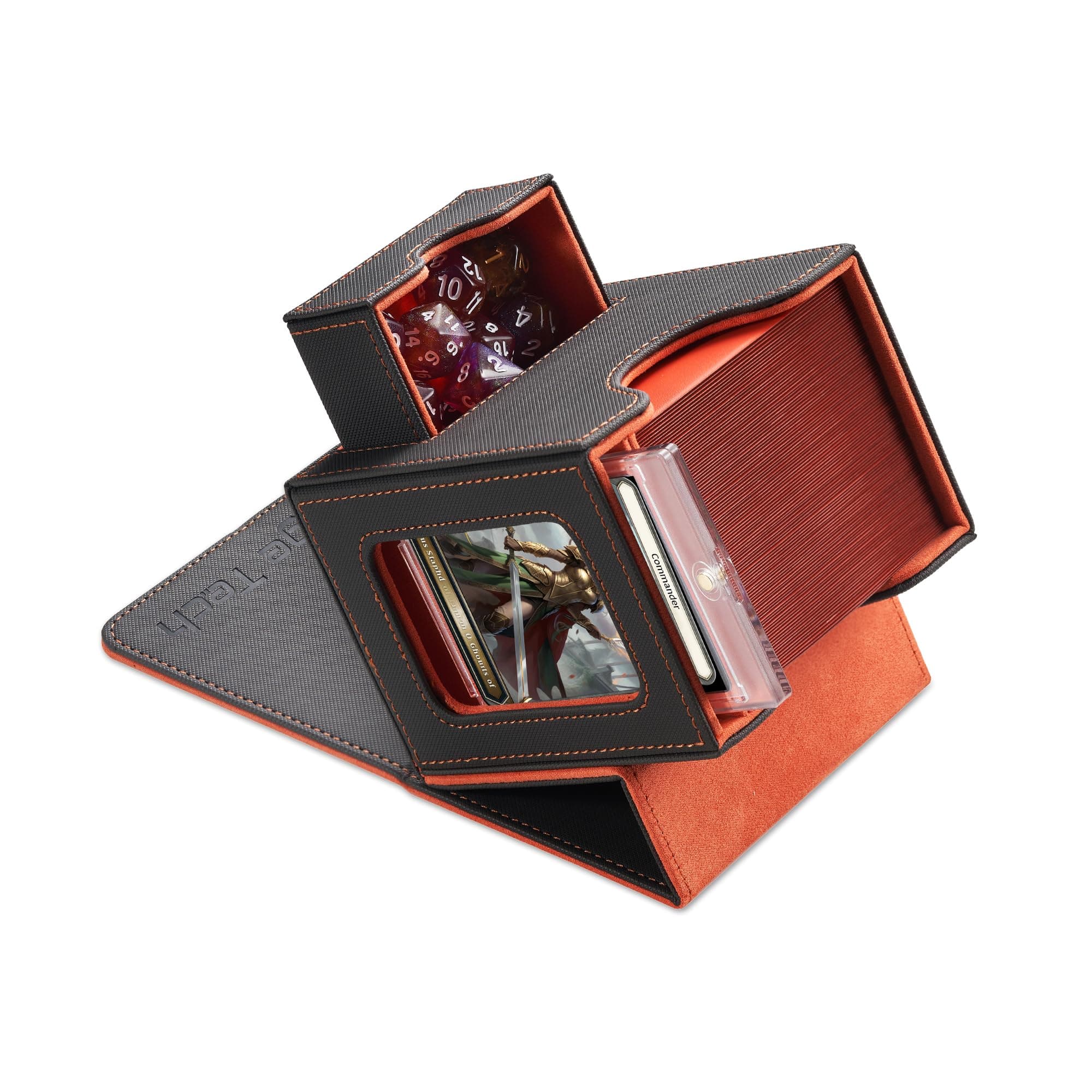 Commander Deck Box for MTG - Patented Design, Commander Display, Fits 100 Double-Sleeved Cards, 35pt Magnetic Card Holder & Dice Tray - Dark Grey/Orange