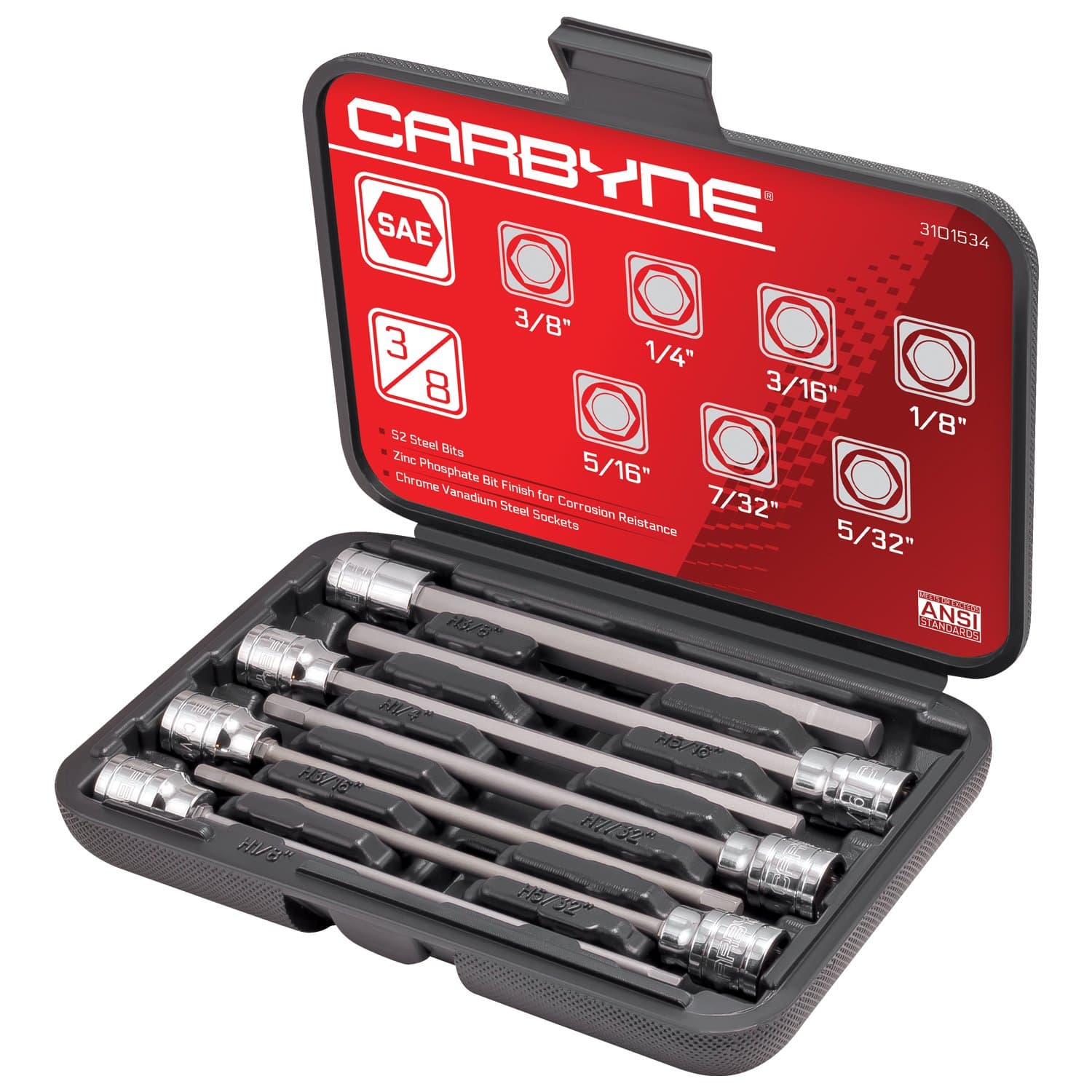 CARBYNE 7-Piece SAE Extra Long Hex (Allen) Bit Socket Set, 1/8 in. - 3/8 in. Sizes, 3/8 in. Drive, S2 Steel Bits, CrV Sockets • From a Family-Run Tool Company Based in the U.S.A.