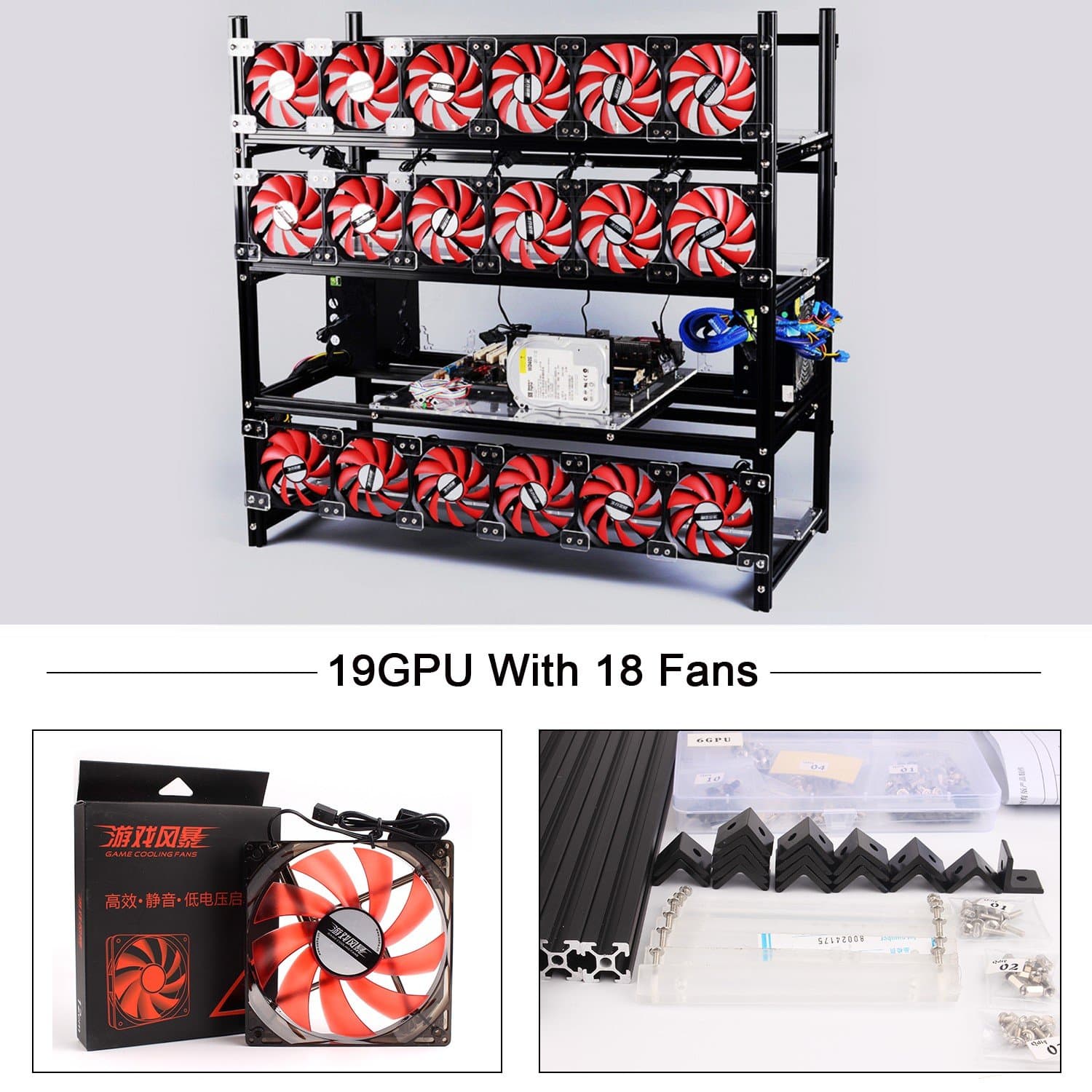 Aluminum 19 GPU Mining Case Rig Open Air Frame Stackable Miner Case With 18 Fans For ETH/ETC/ ZCash/Cryptocurrency(Red Fans,Black)