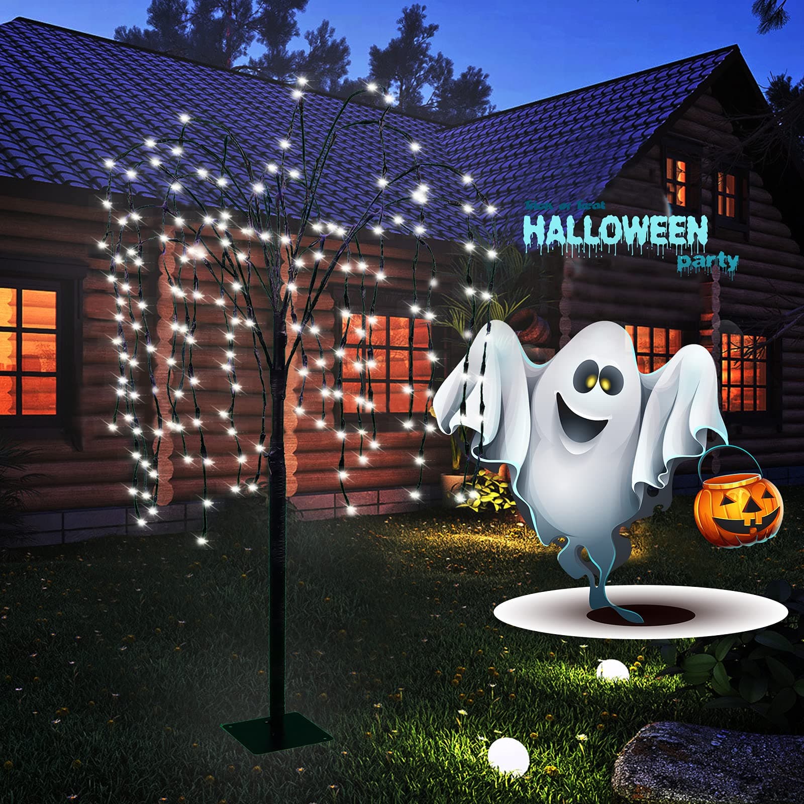 LED Solar Willow Tree Lights Outdoor,4.6Ft Lighted Weeping Willow Tree,Adjustable Branches Fairy Light Tree,,Artificial Christmas Tree for Garden Decoration(Flat Bottom Stand & Spike)-White