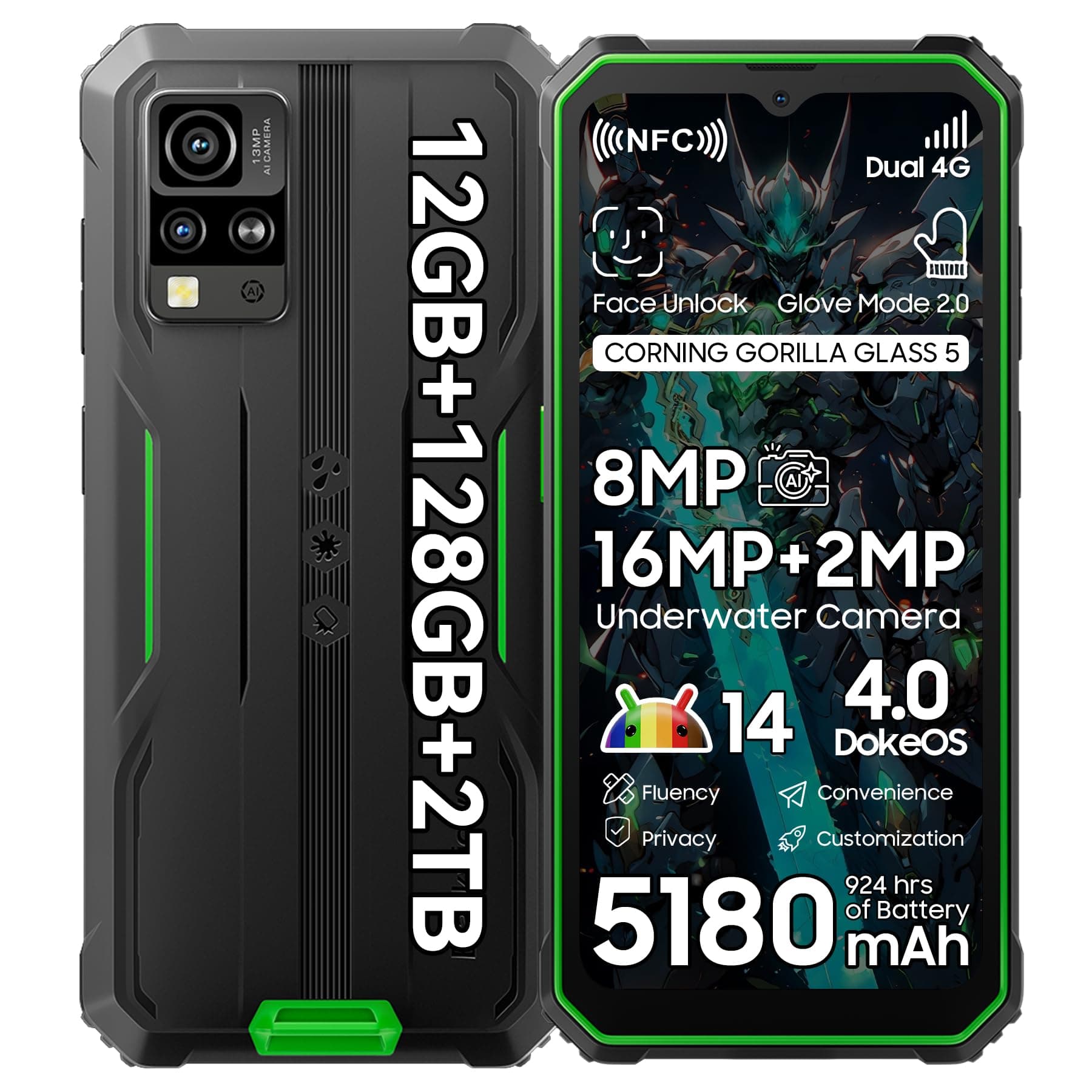 BV4800 Pro Android 14 Rugged Phone Unlocked, Octa-core 12GB+128GB/SD 2TB, IP69K Waterproof Rugged Smartphone, 6.56''HD+Display, 5180mAh Battery, NFC, 4G Dual SIM, 3 Card Slots,Glove Mode,GPS