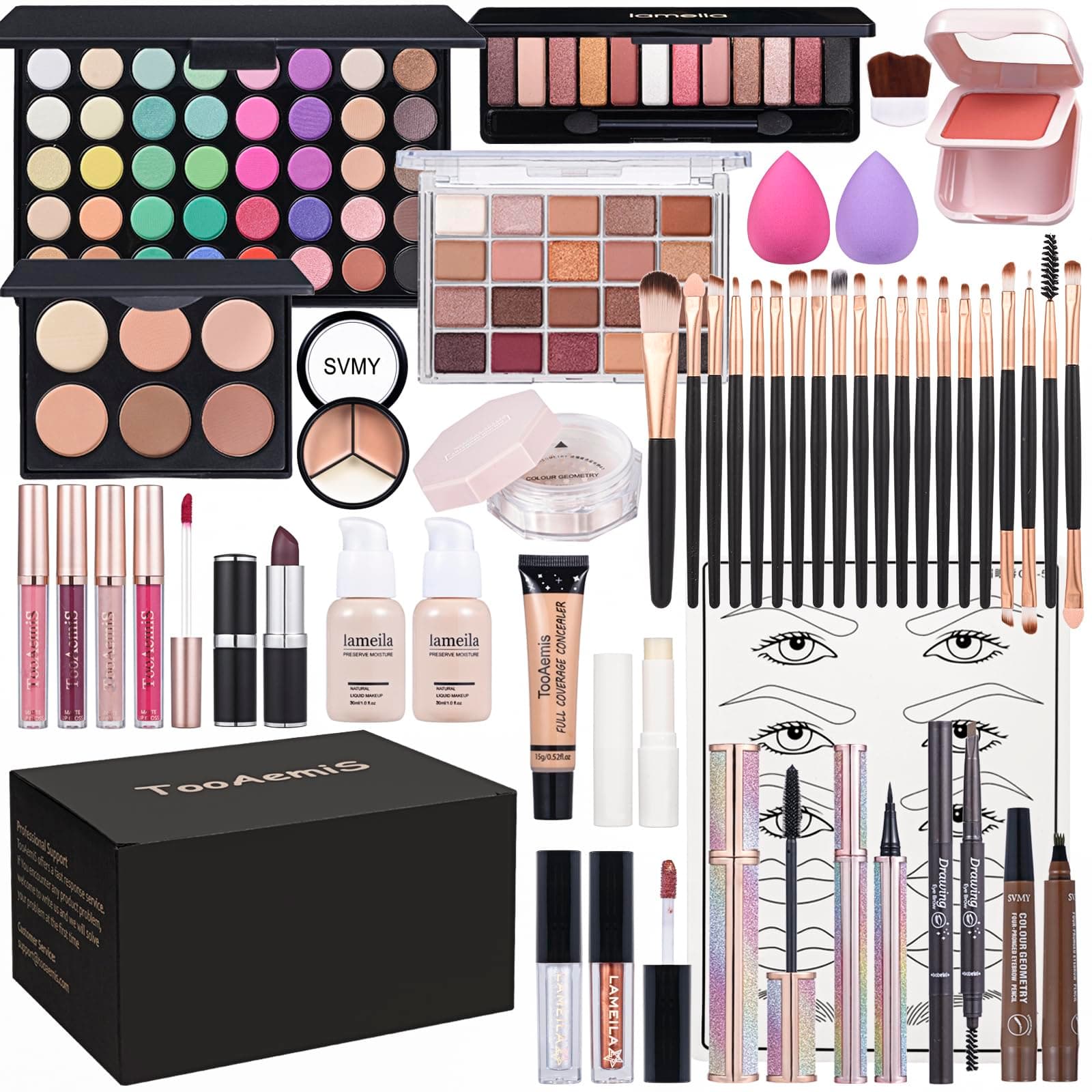 Makeup Set for Women Full Kit Includes, eyeshadow、 liquidfoundation,Loose powder,Eyebrow pencil,Lipstick Eye Pencil Makeup BrushesMakeup practice board 4-color lip gloss set