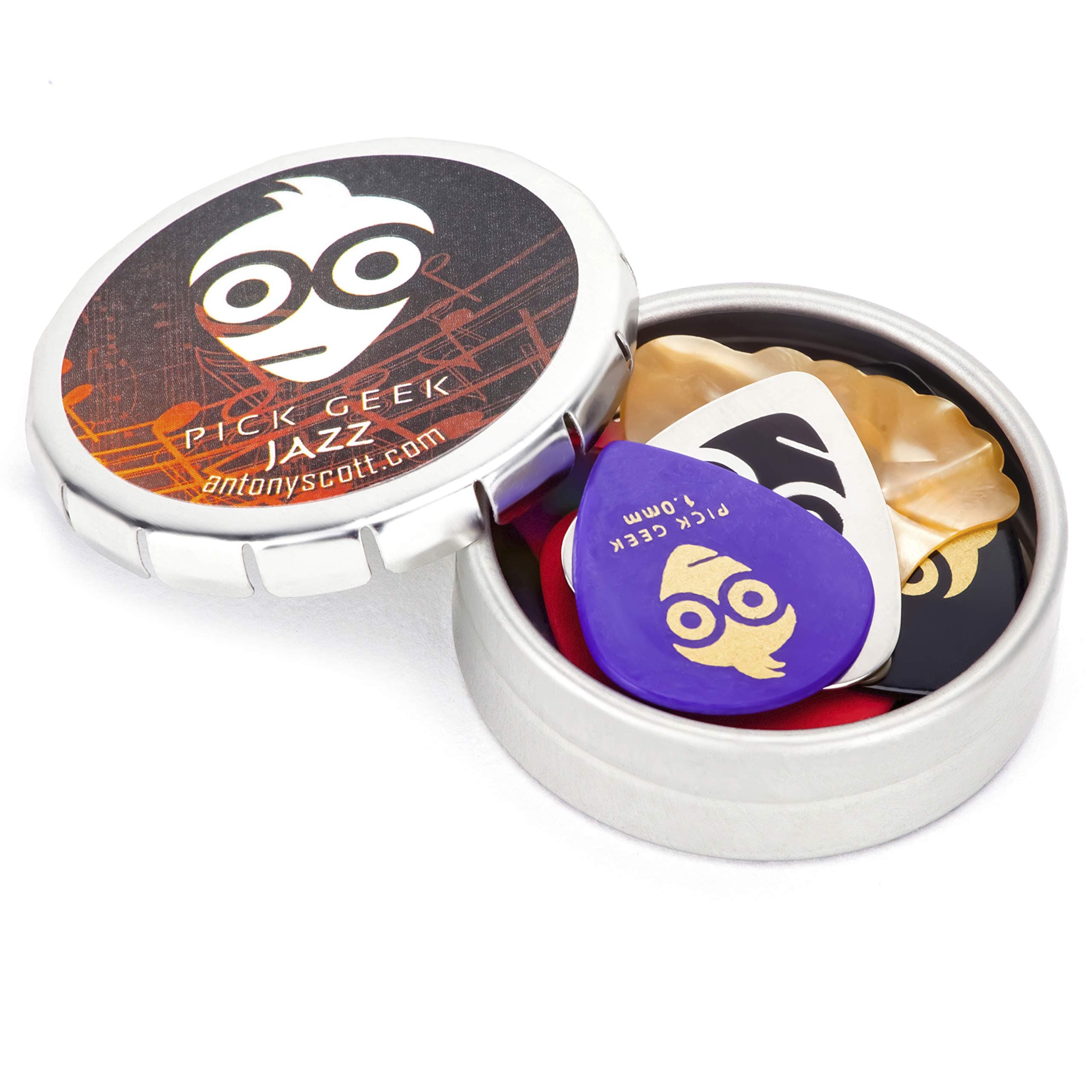 Jazz | 18 Cool Custom Assorted Guitar Picks Plectrums Set for your Electric, Acoustic, or Bass Guitar | X Heavy, Heavy, Medium, & Thin Light | Presented in a Luxury Designed Metal Pocket Box