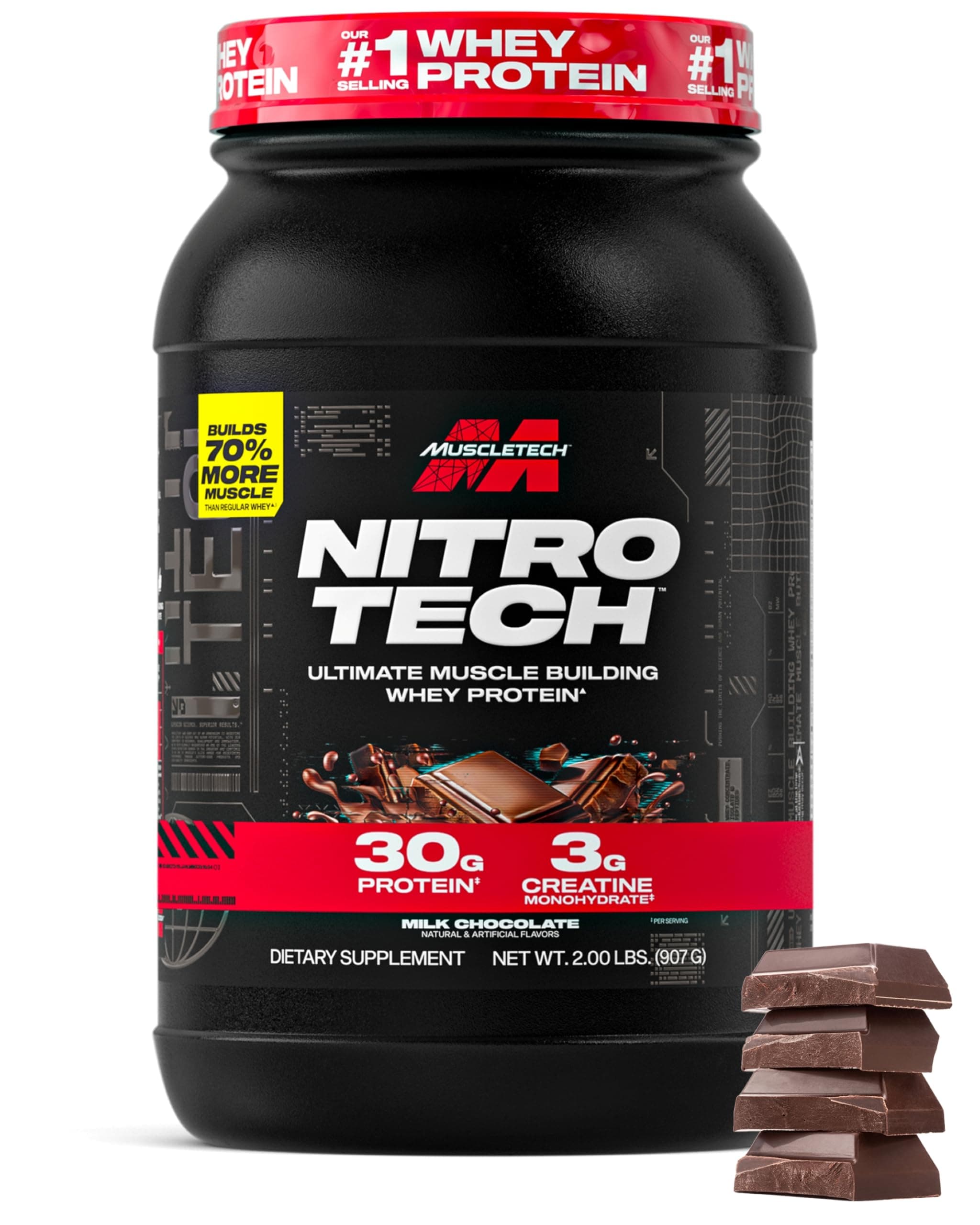 MuscleTech | Nitro-Tech | Whey Protein Isolate & Peptides for Men and Women | 30g of Protein & 3g of Creatine | Muscle Building & Faster Recovery | Milk Chocolate | 998 grams | 20 servings