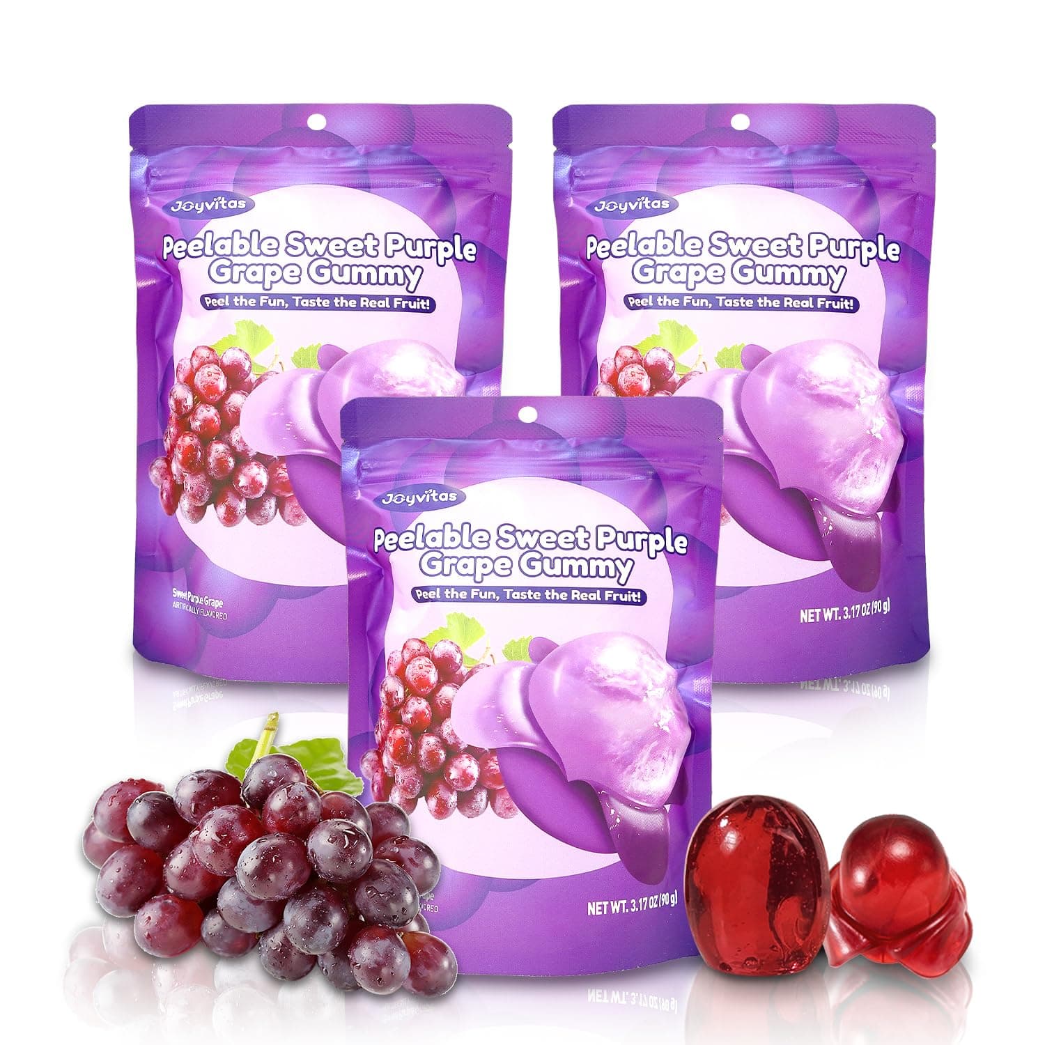 Peelable Gummy Purple Grape Candy | 3 Pack(9.53oz) Individually Wrapped Tropical Peeling Gummies Variety Pack | Low Sugar & Low Calorie | Resealable | Ideal New Year Treats & Celebration Bites