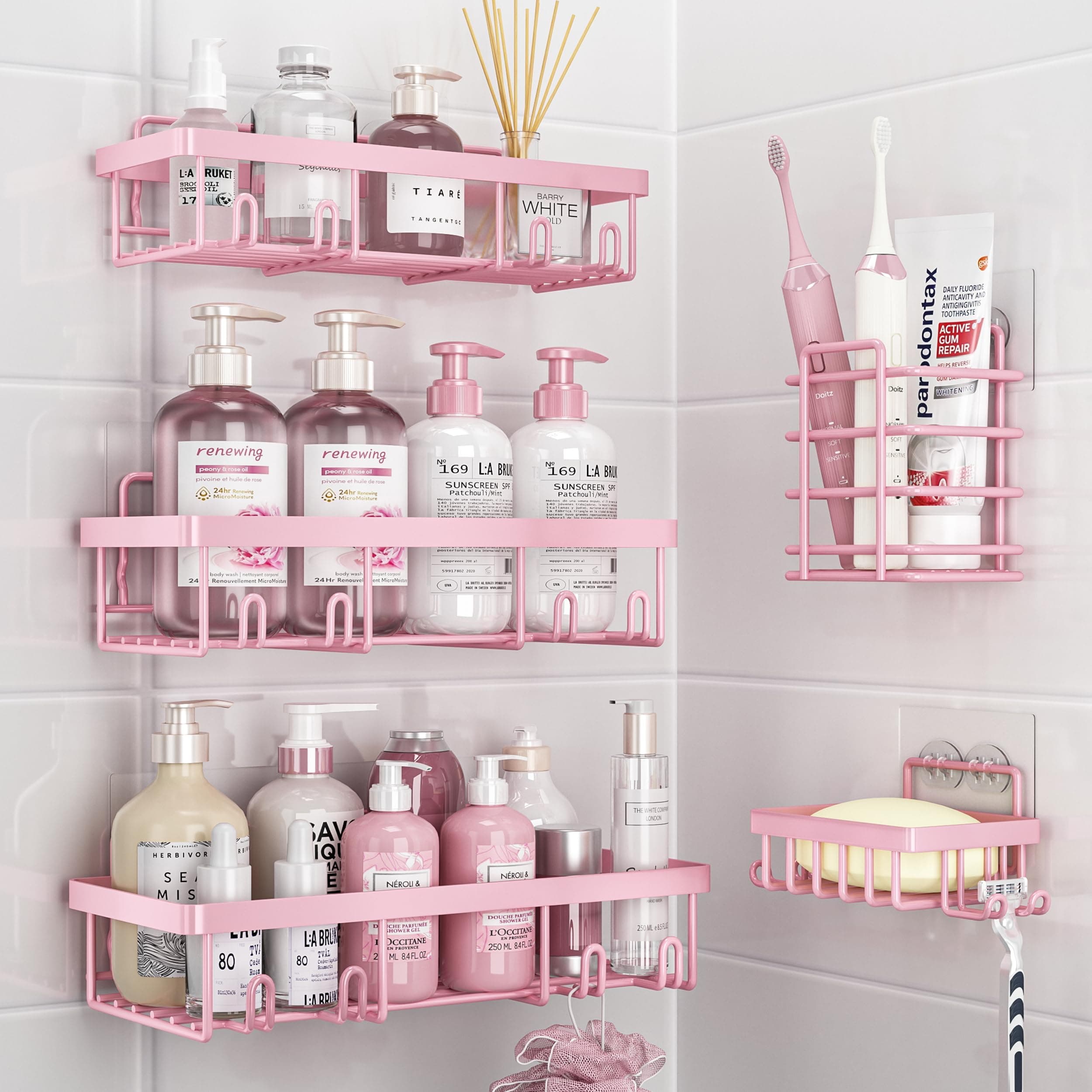 Liuoud 5 Pack Shower Caddy Organizer Rack Shelf for Inside Shower, Adhesive Bathroom Wall Storage Basket Rustproof Stainless Steel Shampoo Holder, Girly Bathroom Accessory Decor Set, Pink