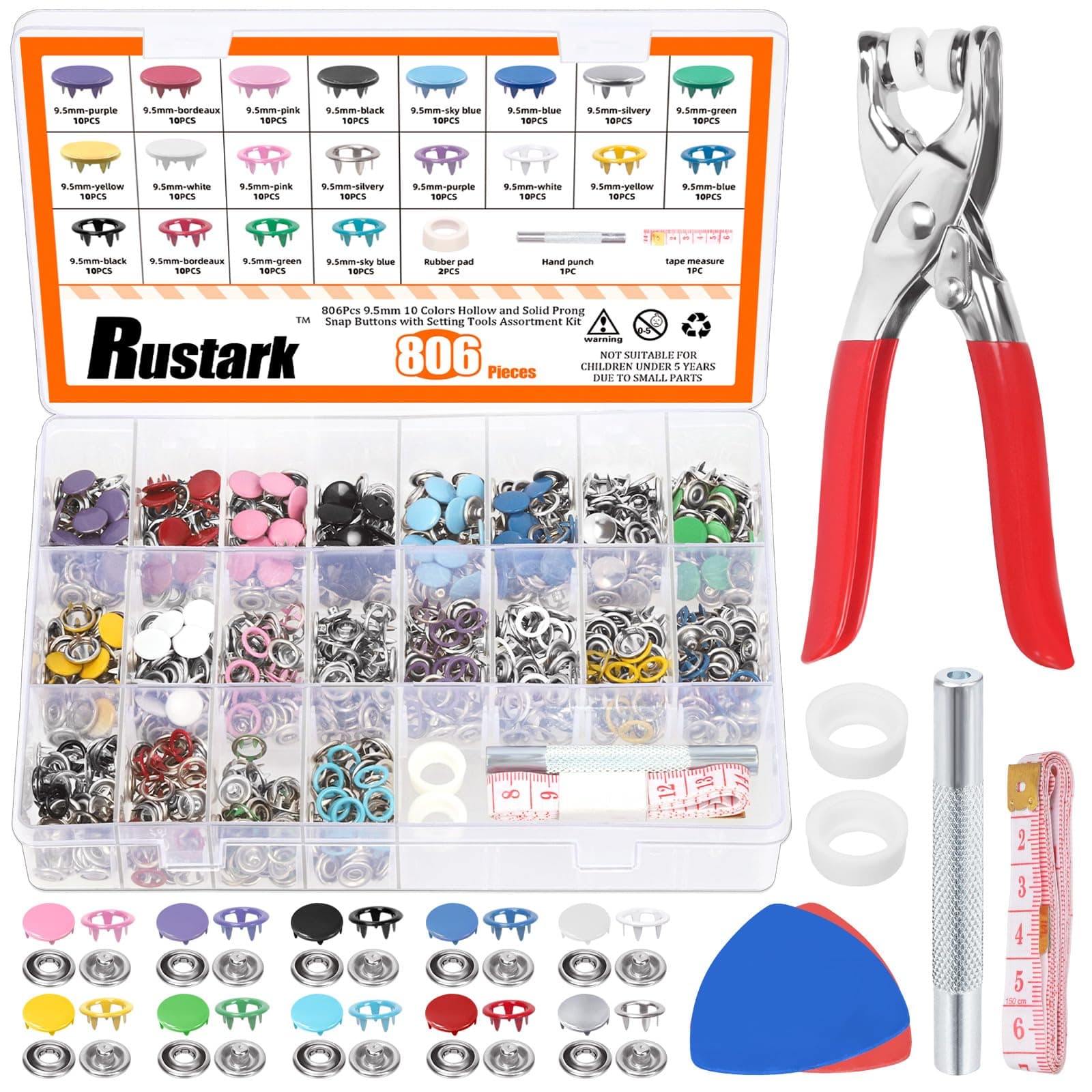 408Pcs 5 Colors Snap Button Fastener with Pliers Tool Kit Includes 9.5mm Hollow and Solid Prong Snap Buttons, Snaps Pliers, Punching Tool, Ruler and Sewing Chalk for DIY Sewing Crafting