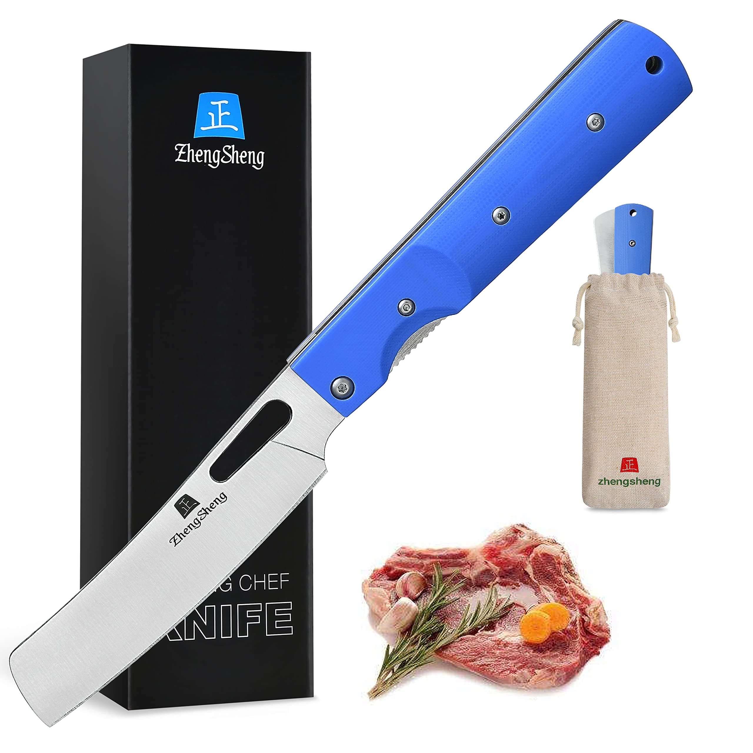 ZhengSheng Folding Chef Knife 4.8" Sharp 440A Stainless Steel Blade G10 Handle Pocket Foldable Kitchen Knife Utility Knife for Outdoor Camping Cooking