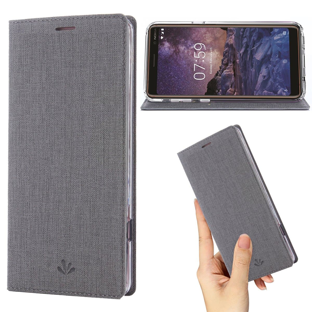 weier Nokia 7 Plus Case,Premium Flip Leather Wallet Case Stand Kickstand Card Slot Full Body Protective Cover Clear TPU Bumper Thin phone Case for Nokia 7 Plus (Gray)