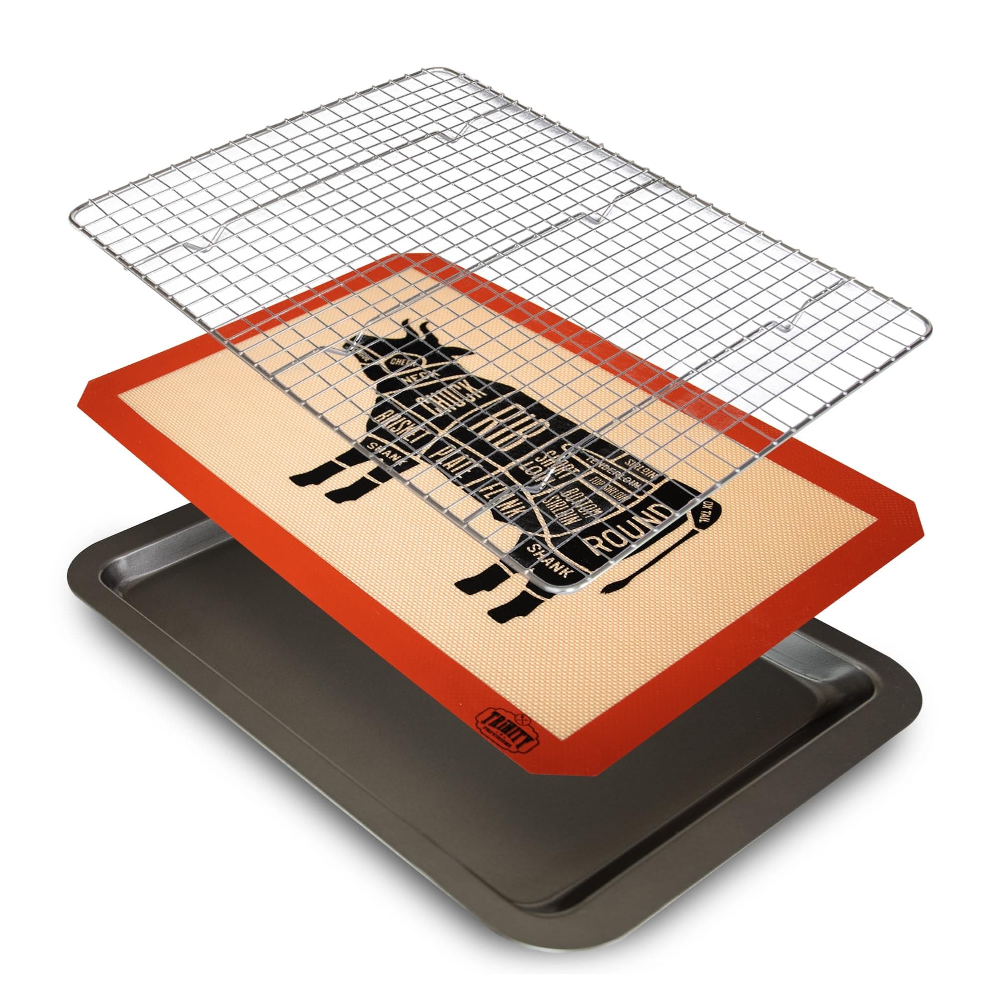 Trinity Provisions Meat Resting Pan - With Wire Rack and Silicone Baking Mat - Dishwasher and Oven Safe Stainless Steel, for Cooking and Cooling Steak, BBQ, Bacon, & More