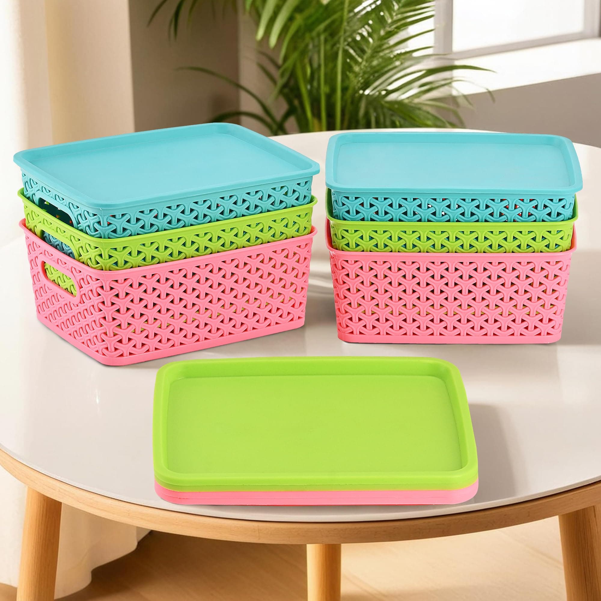 Kuber Industries 6 Pcs Stackable Plastic Storage Box with Lid | H5 Multi-Purpose Basket for Storage - Ideal Home Organizers for Baby Dress, Stationary, Medicine & Pooja Items | Multicolor