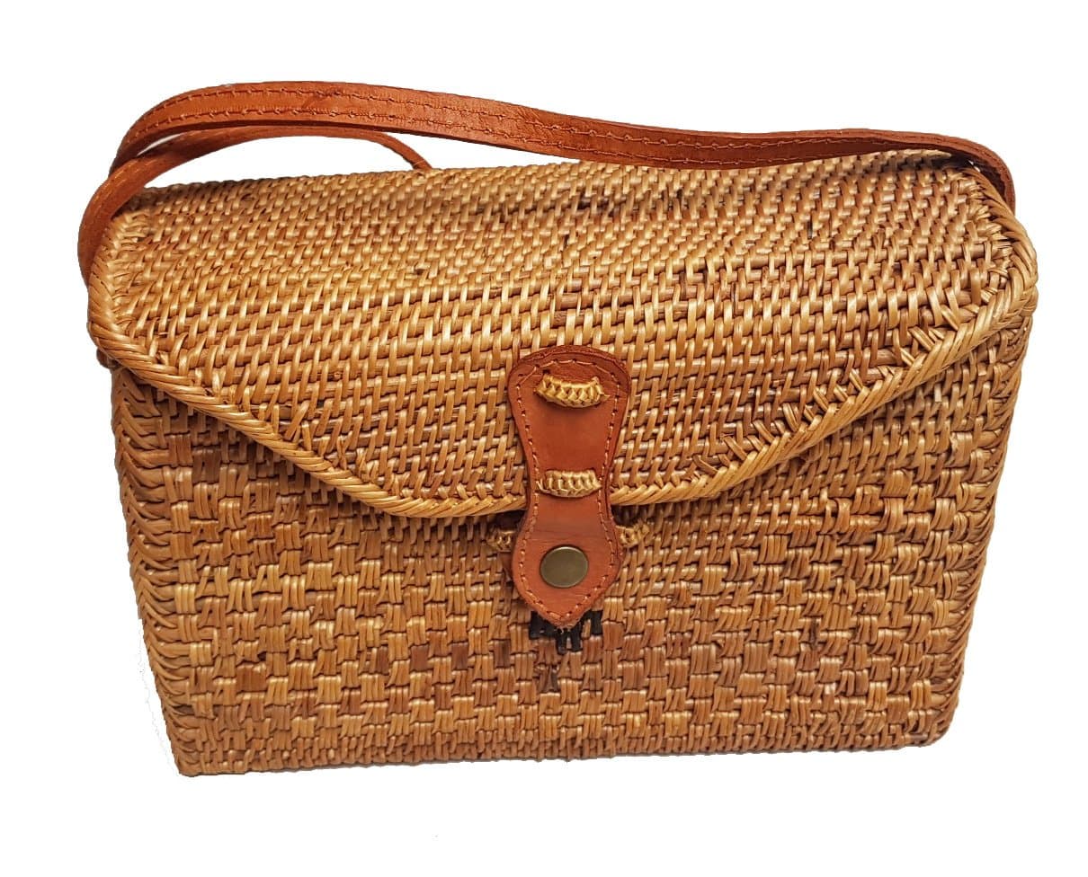 Rectangular Woven Rattan Bag (Leather Closure), Ata Basket Bag