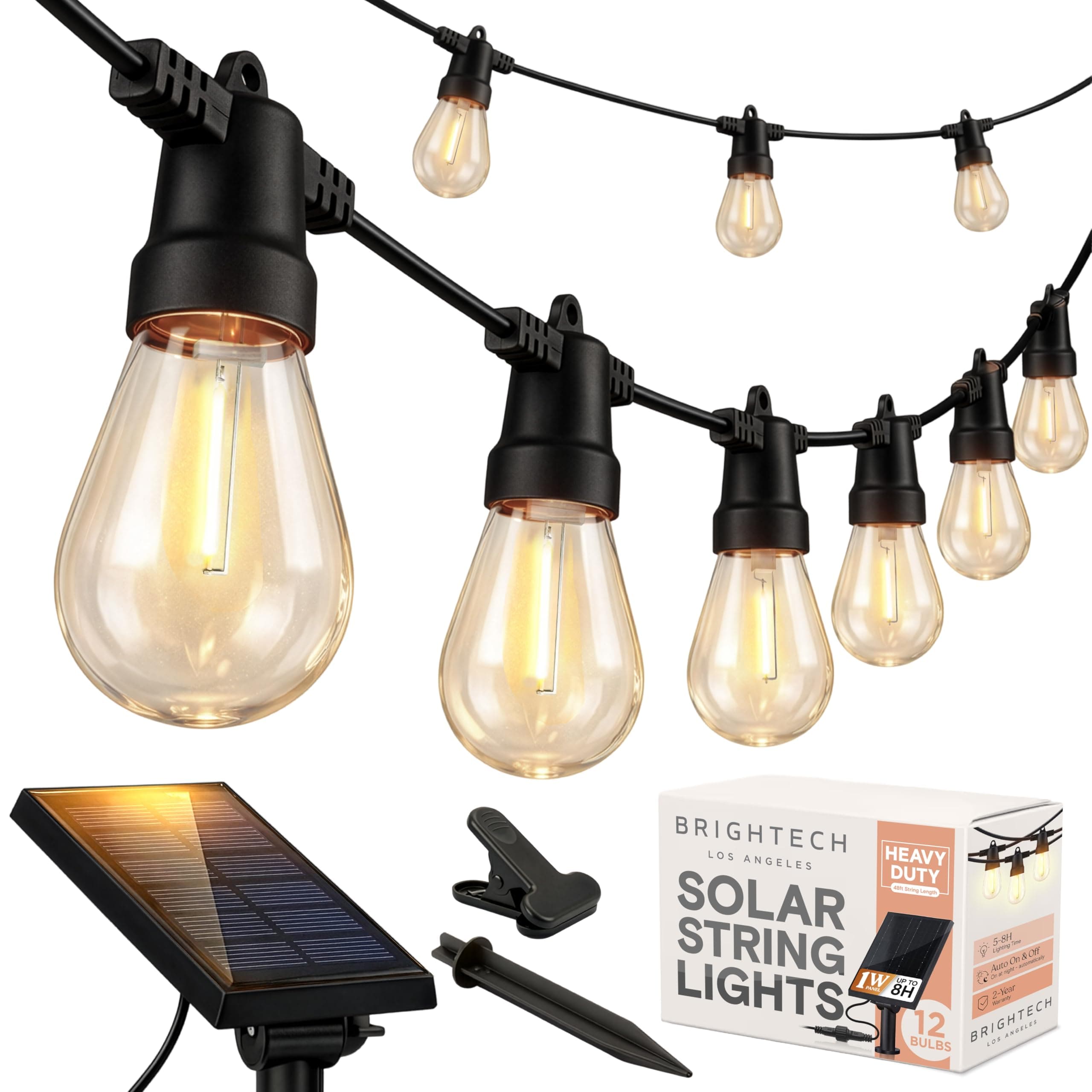 Brightech Ambience Pro Solar Powered Outdoor String Lights -27 ft Commercial Grade Waterproof Edison Patio Lights, Shatterproof LED String Lights for Outside, Porch - 12 Bulbs, 1W Soft White