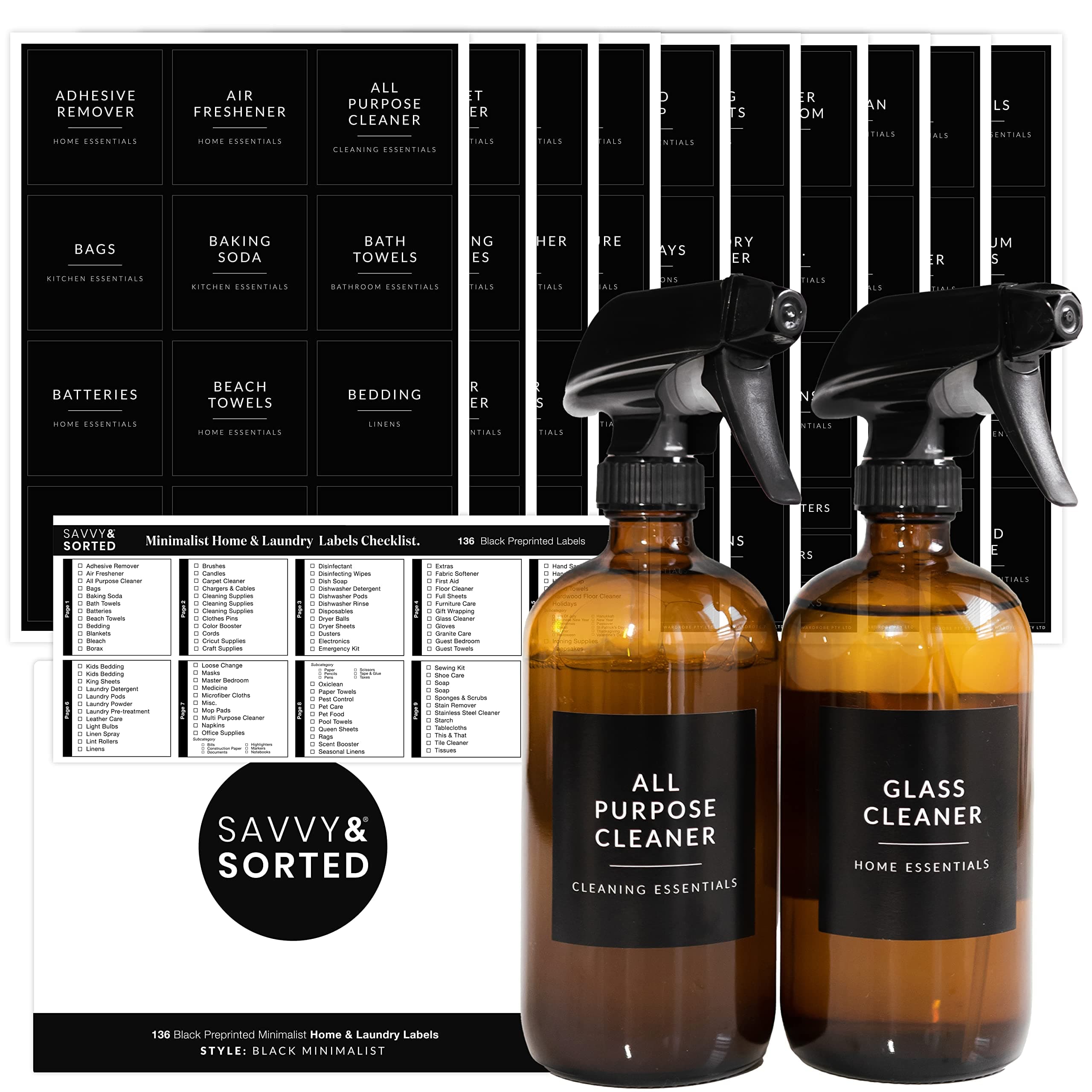 SAVVY & SORTED Black Home Laundry Labels for Organising | 136 Laundry Room Labels Home Labels Kitchen Labels for Storage Bins | Cleaning Labels for Jars Spray Bottles Linen & Laundry Room Organisation