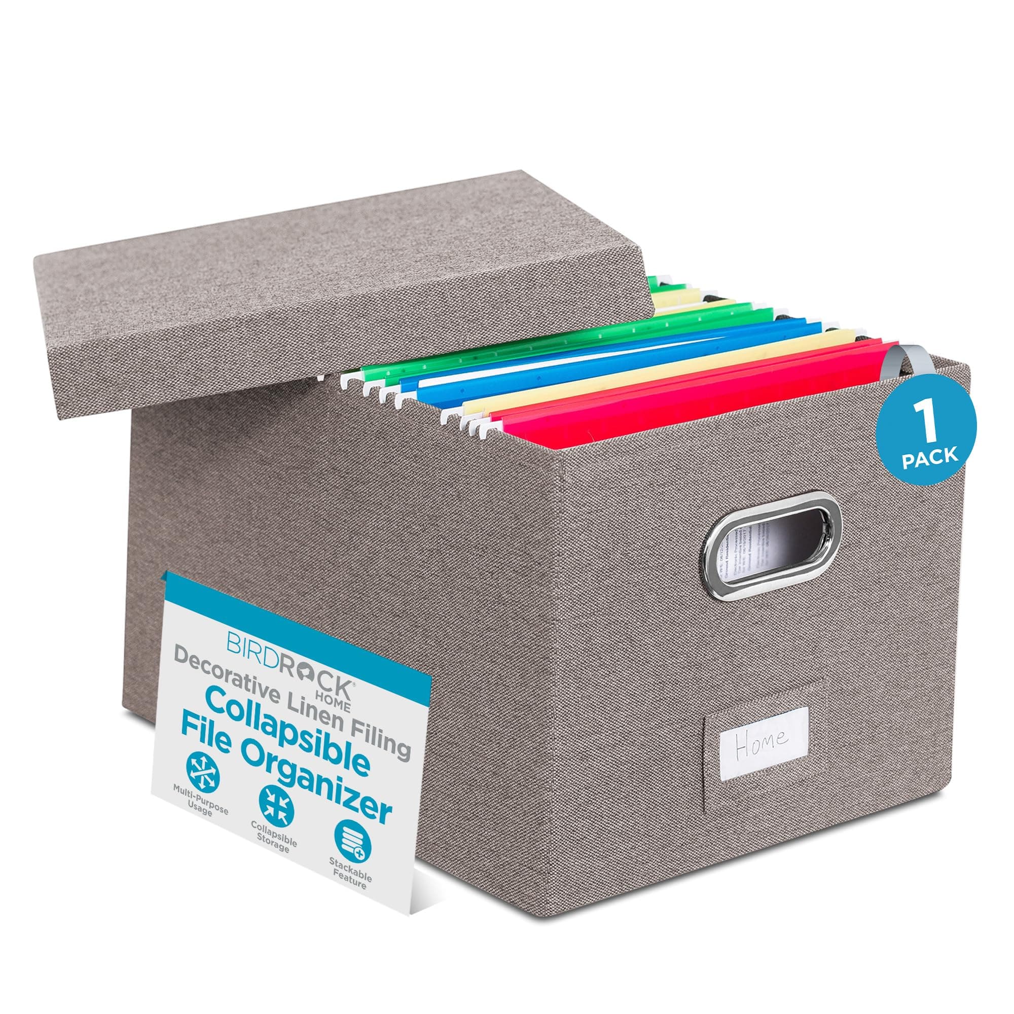 Internet's Best Collapsible File Box Storage Organizer with Lid - Decorative Linen Filing & Storage Office Boxes – Hanging Letter/Legal Folder – Home Office Bins Cabinet – Grey Container - 1 Pack