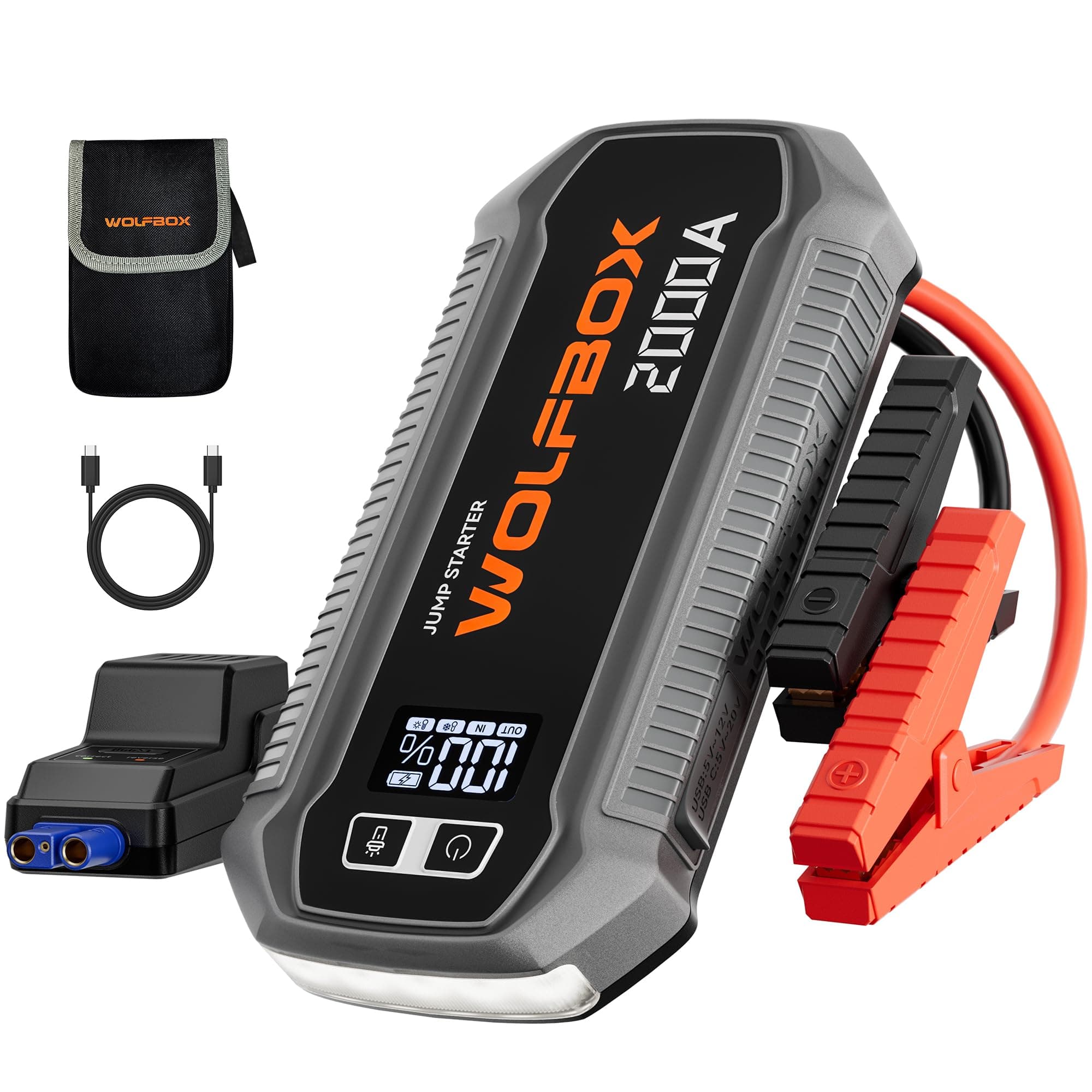 WOLFBOX 2000A Jump Starter Power Pack, 44.4Wh Car Starter Power Bank with 30W Quick Charge,LED Display,12V Car Battery Booster Jump Starter (7L Gas 6L Diesel Engine) with Booster,LED Light,Jump Leads
