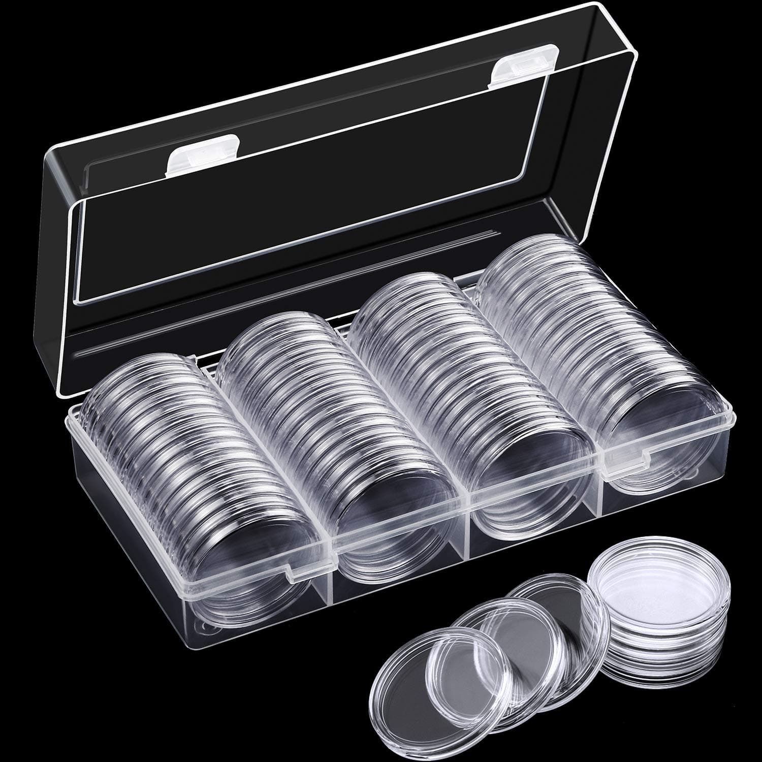 Hicarer 40 Mm Silver Eagles Coin Capsules Case Holder Storage Container With Organizer Box For Collection Supplies (60 Pieces)