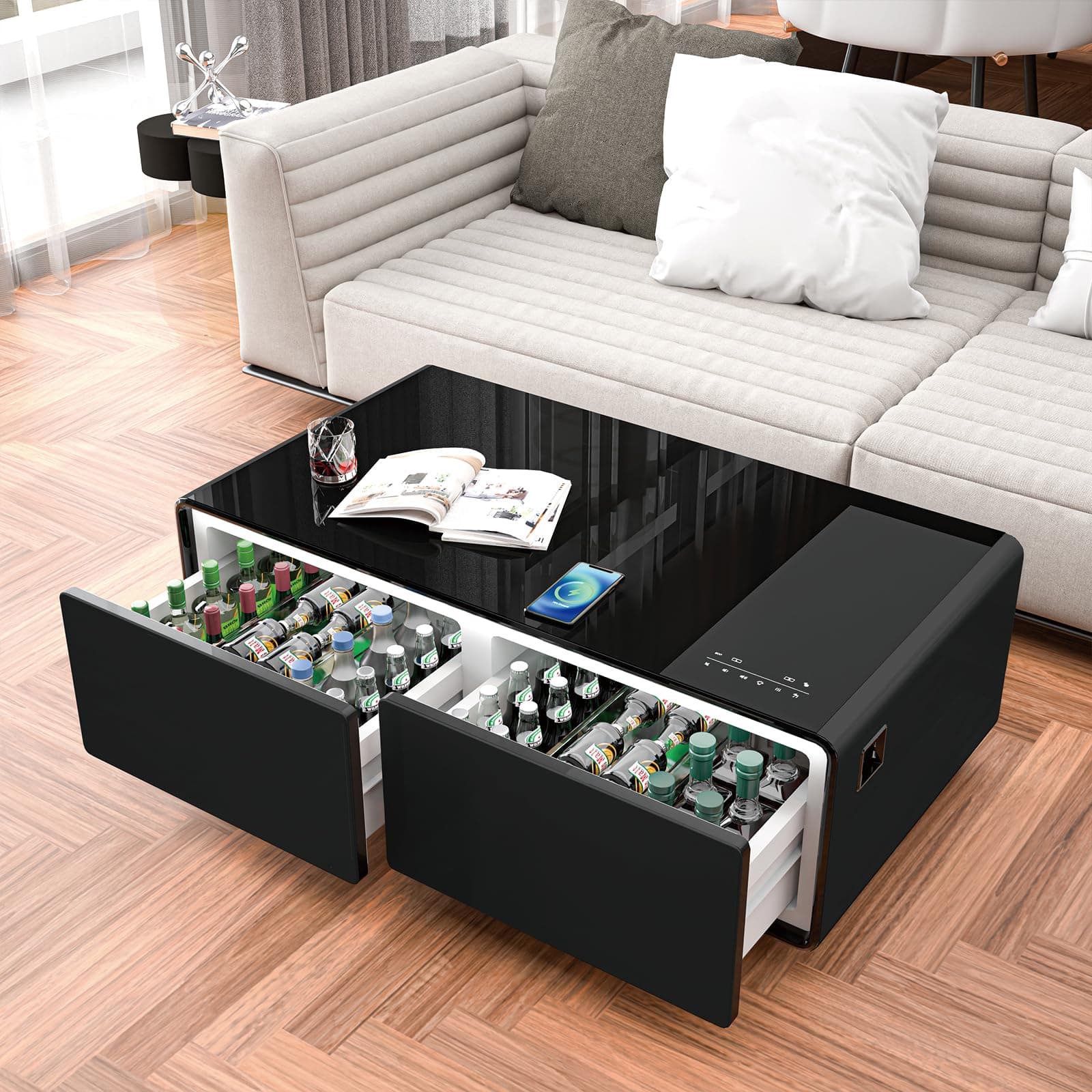 51In Modern Smart Coffee Table with Built-in Fridge, Bluetooth Speaker, Wireless Charging Module, Touch Control Panel, Power Socket, USB Interface, Outlet Protection, Atmosphere Light, Black
