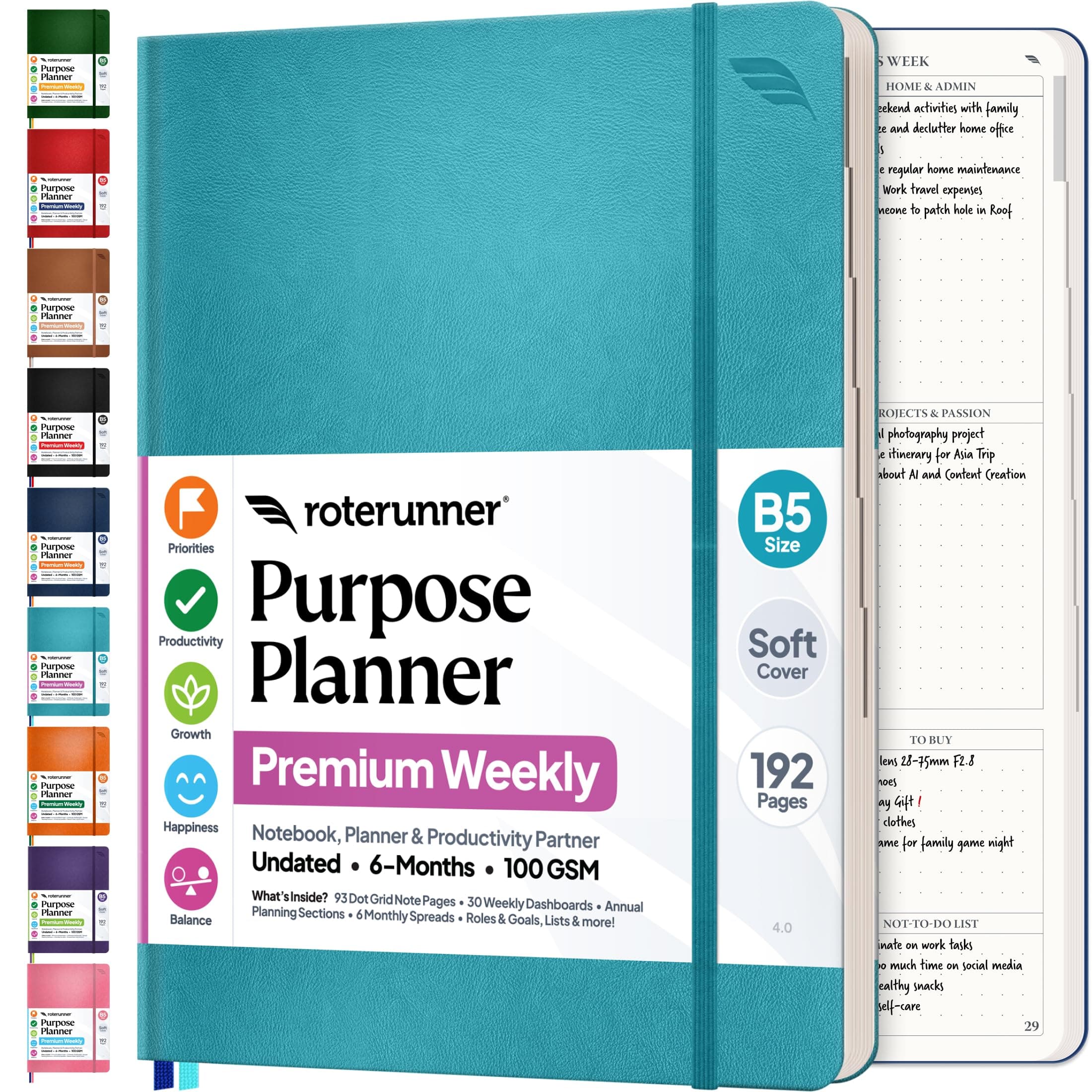 – Roterunner Purpose Planner Notebook B5 7.5”x9.8” Undated Planner 2025 Daily Weekly and Monthly Productivity Goal Setting Tool for Work Home