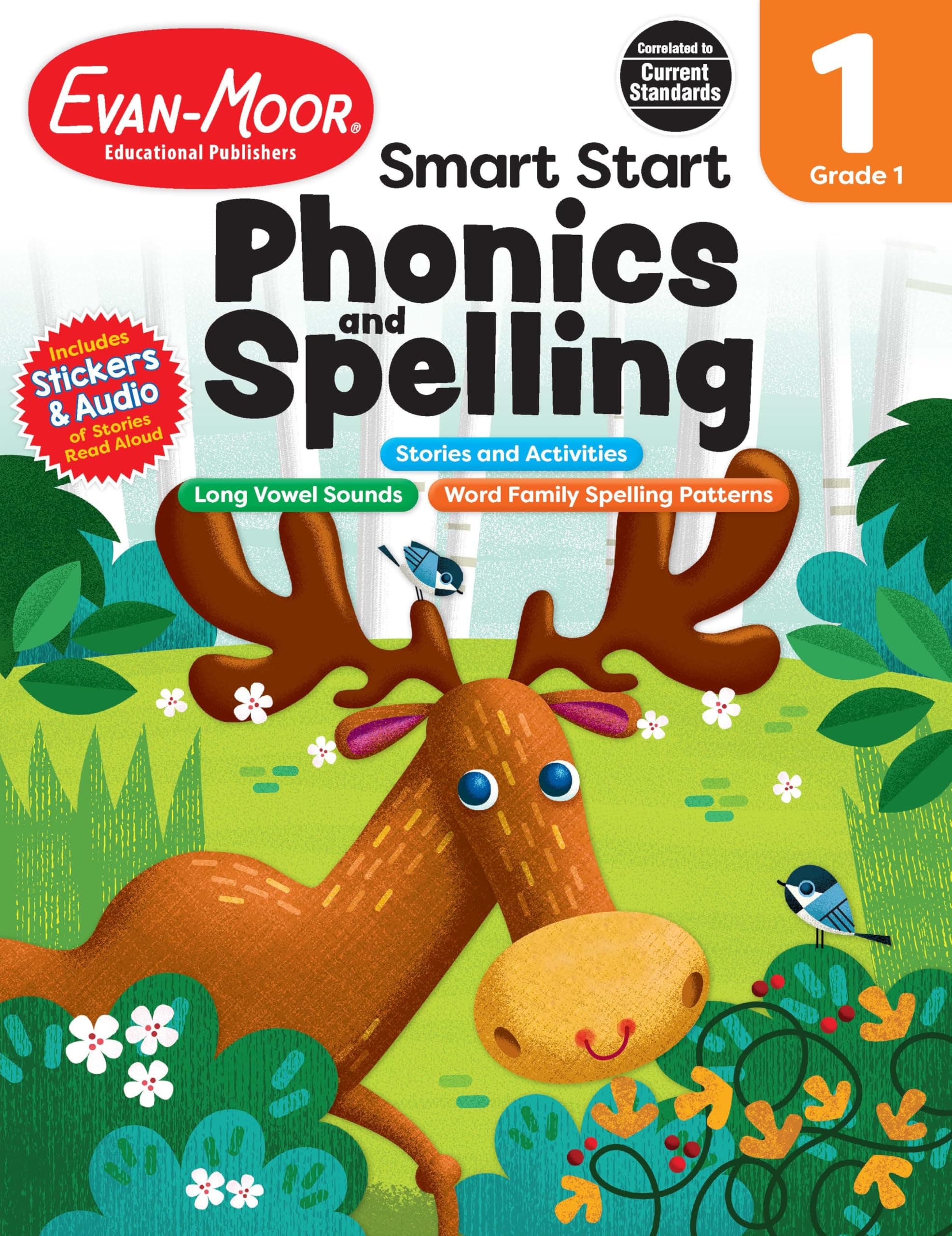 Evan-Moor’s Smart Start Phonics and Spelling Workbook for Grade 1, Beginning Reading, Spelling patterns, Learn to Read, Homeschool, Word families, Stickers, Print Copy, Audio stories