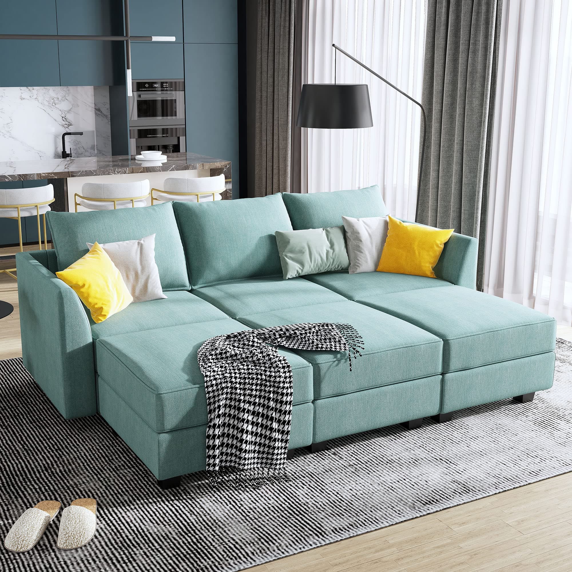 HONBAY Convertible Sectional Sleeper Sofa with Storage Seats Modern Modular Sofa Sectional Couch Modular Sleeper Couch with Ottomans, Aqua Blue