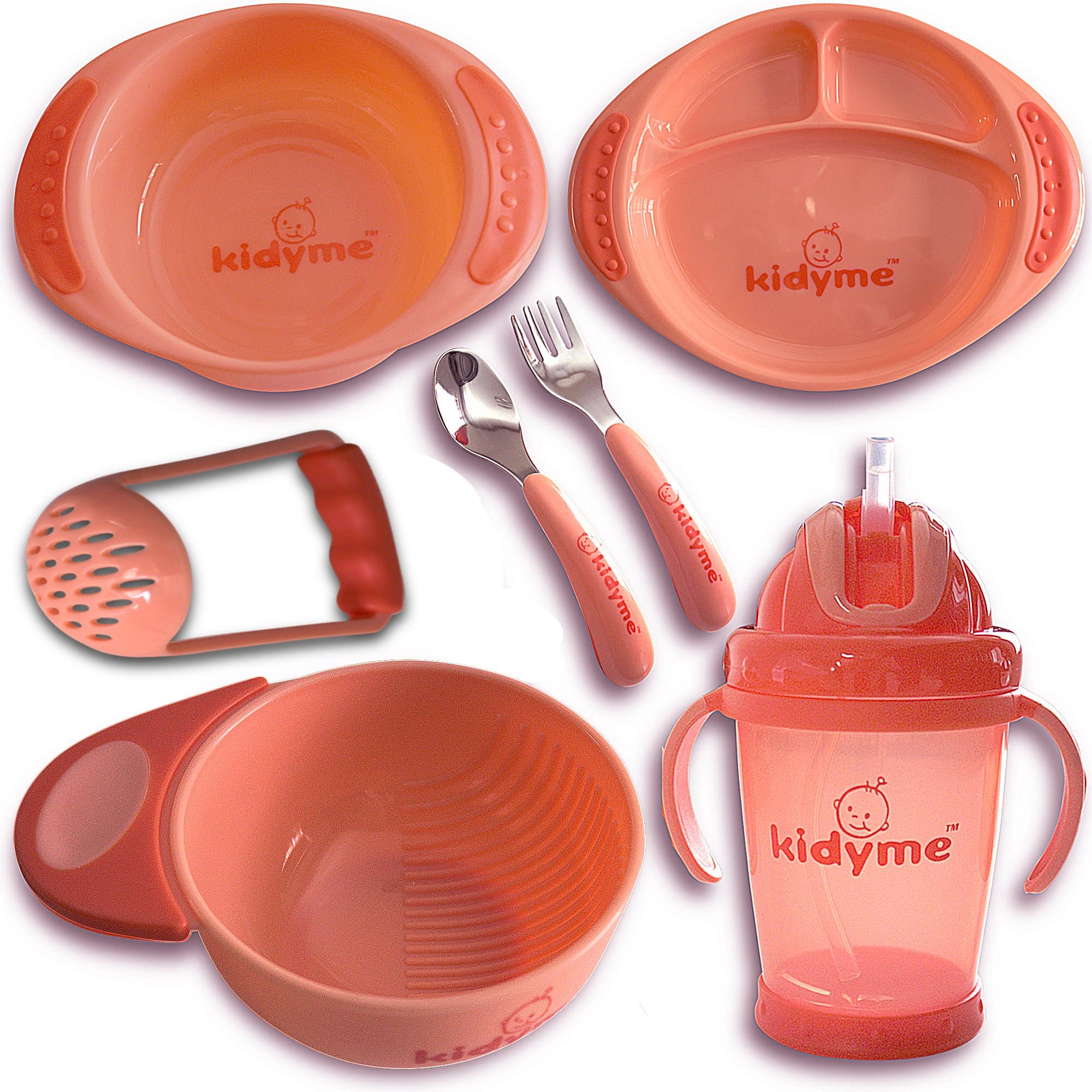 Kidyme Premium 7-Piece Kids Dinnerware Gift Set - Includes; Sippy Cup, Stainless Steel Fork & Spoon, Food Masher & Mashing Bowl, Serving Bowl & Sectional Plate - Lead, PVC, Chemical & BPA Free
