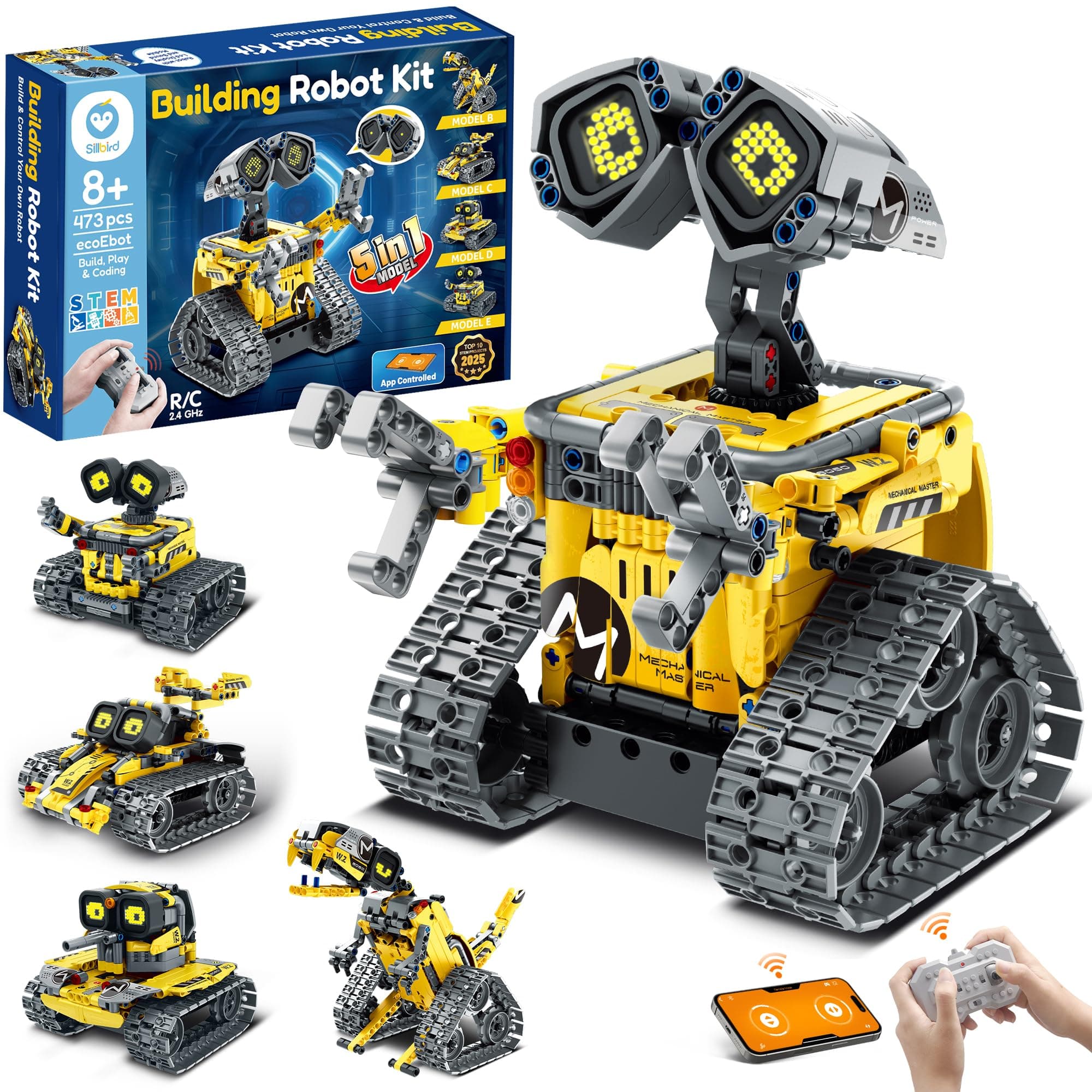 Sillbird Robot Building Kit with Remote Control for Boys Ages 8-14, STEM Coding Robotics Technic Toy Birthday Creative Gifts for Kids, Buildable 5in1 Models with 473 Pieces