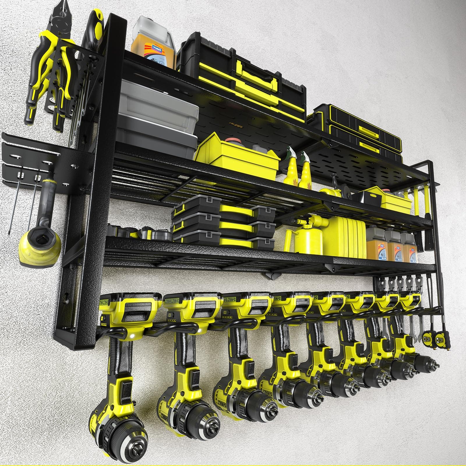 KAFAHOM Power Tool Organizer-8 Drill Holder Wall Mount,Tool Organizer and Storage rack for Garage Organization, Heavy Duty Metal Tool Shelf with Air tool/Screwdriver/Hammer/Plier Holder