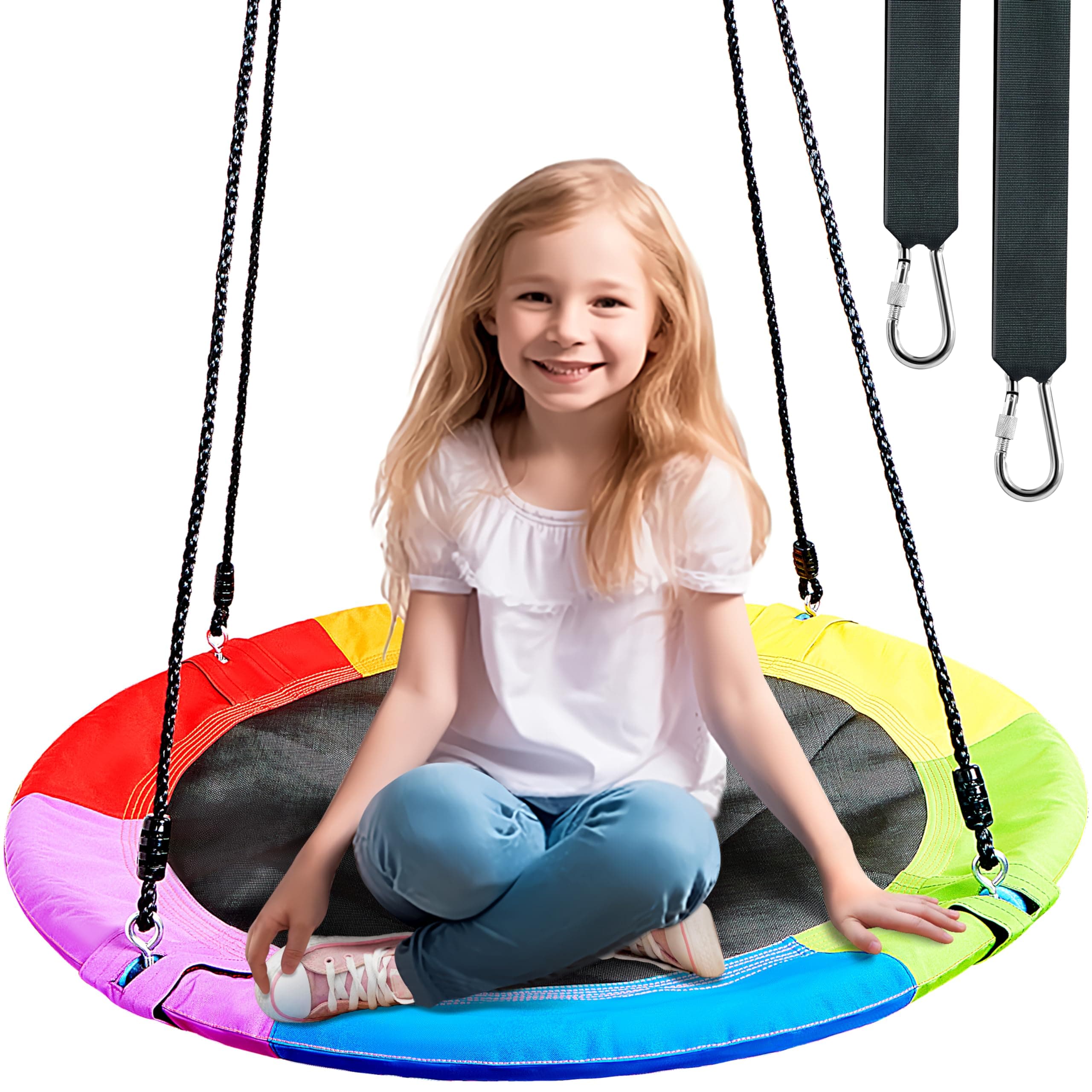 40" Saucer Tree Swing for Kids Outdoor, 900Lb Weight Capacity, Waterproof Swing Seat with Adjustable Hanging Straps for Children Playground Backyard (Rainbow)