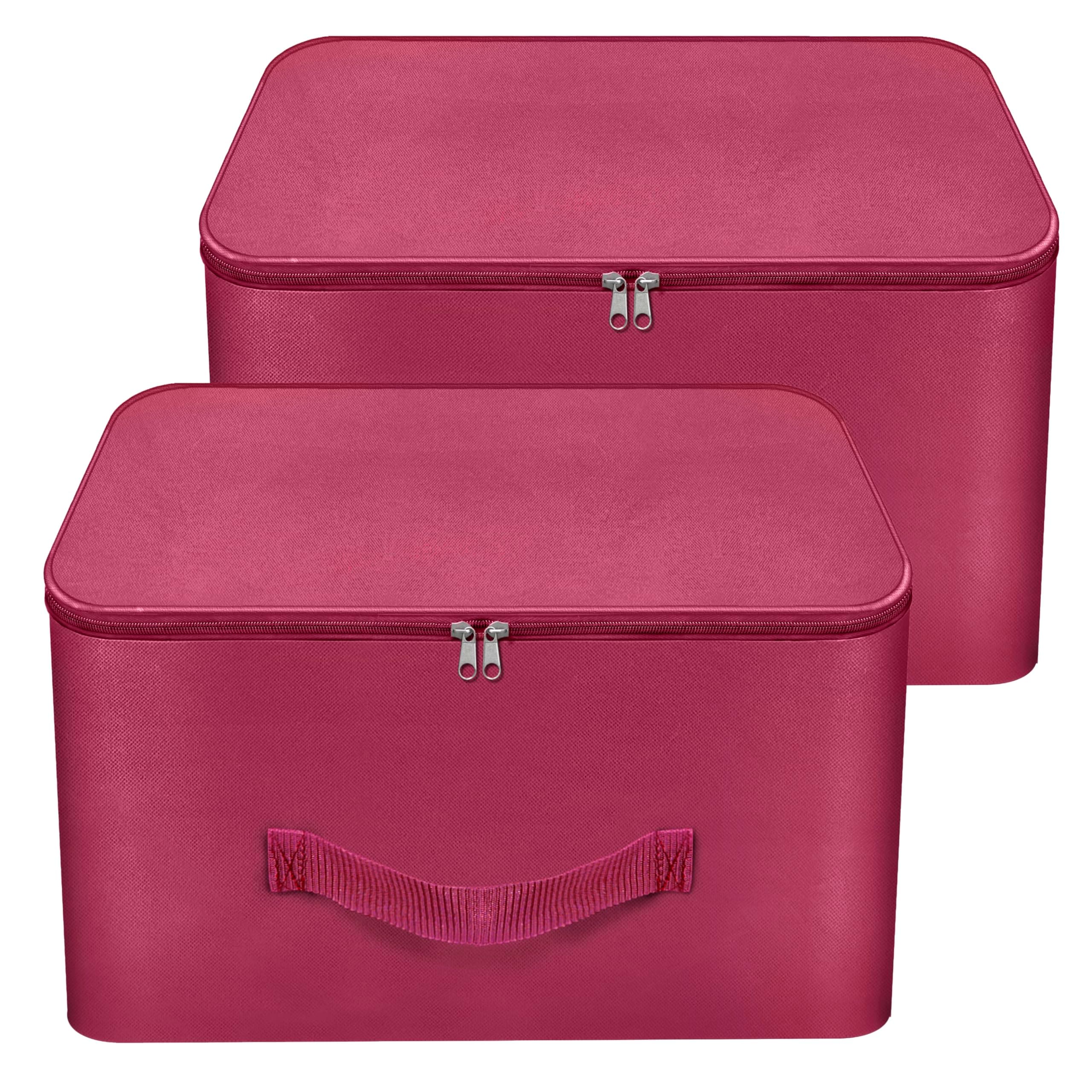 Storite 2 Pack Nylon Wardrobe Bag Underbed Moisture Proof Cloth Storage Organizer, Storage box for Clothes Saree Bags with Zippered Closure & Handle (Magenta, 37x34x23 cm)
