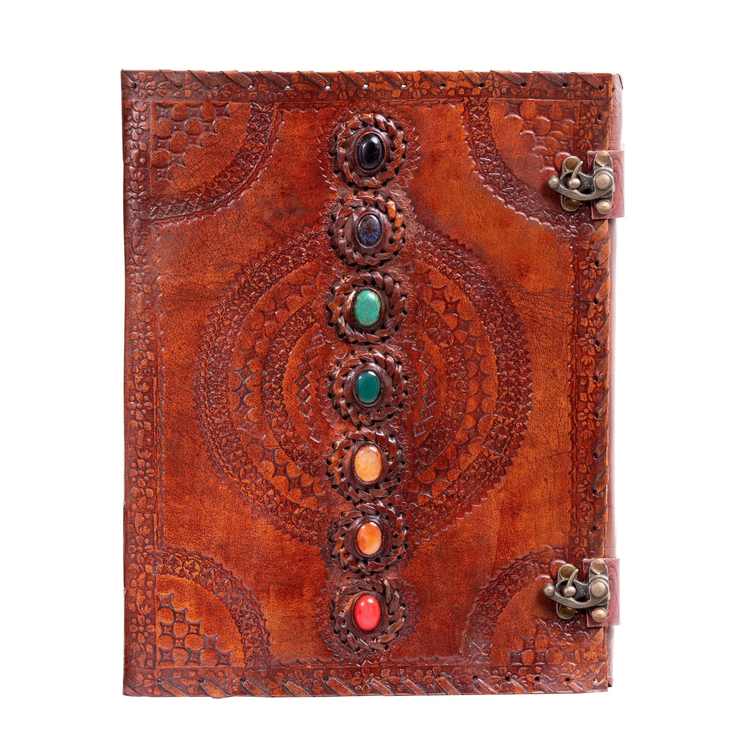 Leather Unlined Bound Journal 13 x 10 inches Large Rustic Diary Seven Chakra Medieval 7-Stone Embossed Handmade Sketchbook Vintage Writing Notepad (200 Pages)