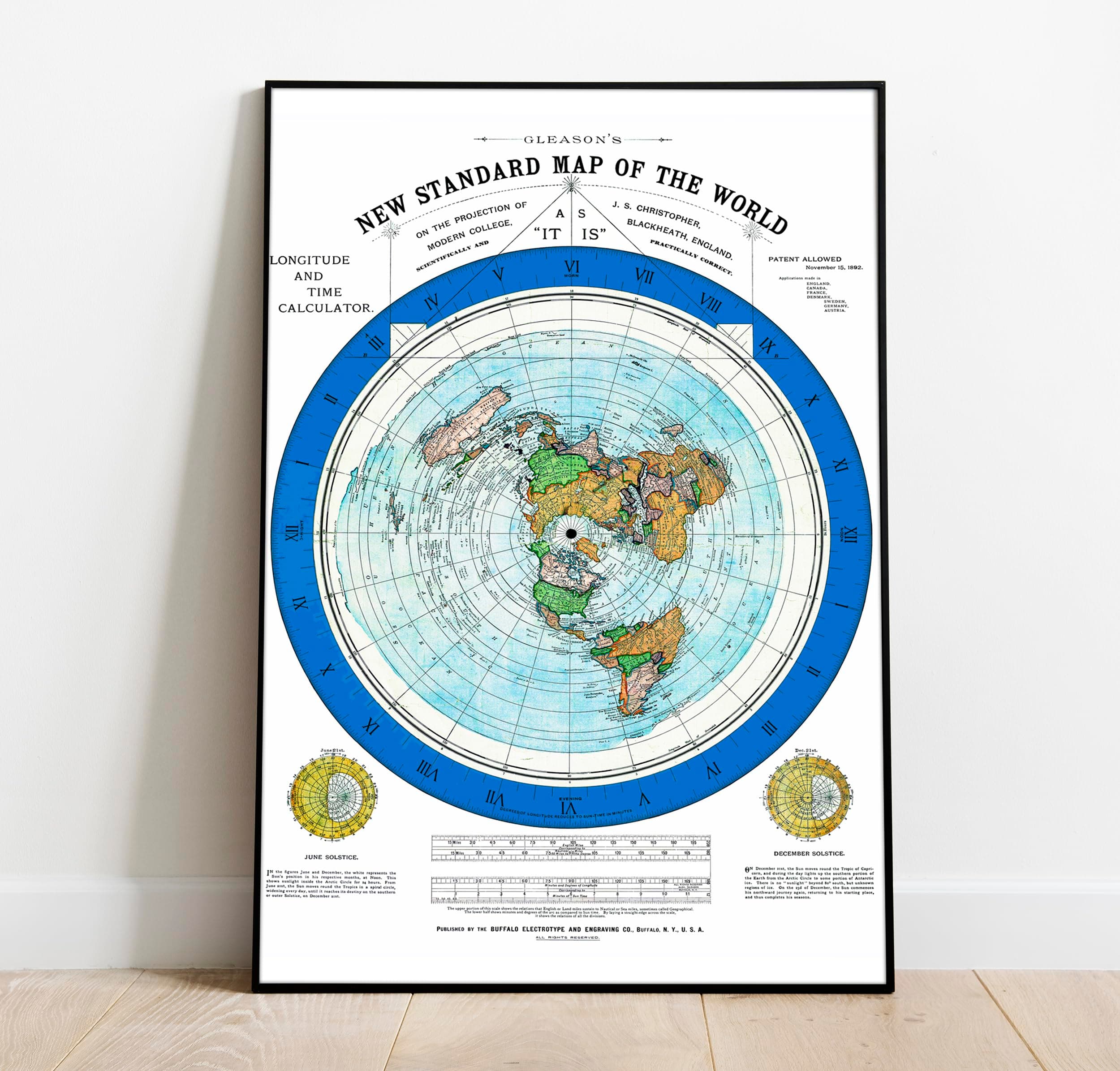 Riley Creative Solutions 1892 Flat Earth Map - Alexander Gleason World Map 24x36 Large Wall Art Poster